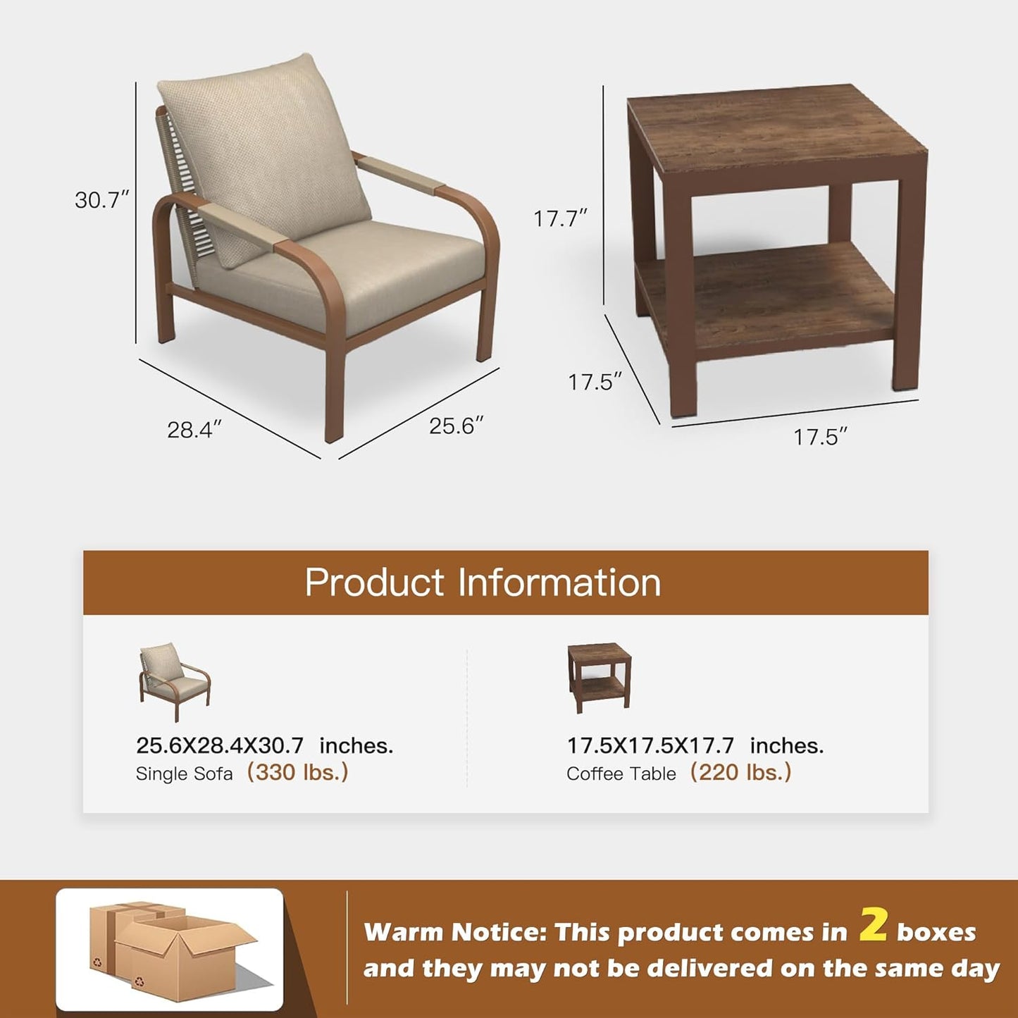 3 Piece Outdoor Bistro Set,All Day Hand-Woven Rattan Patio Furniture Set with Aluminium Frame and Coffee Table,Waterproof Fabric,Thickened Sponge Cushion,Suitable for Patio, Deck,Beige