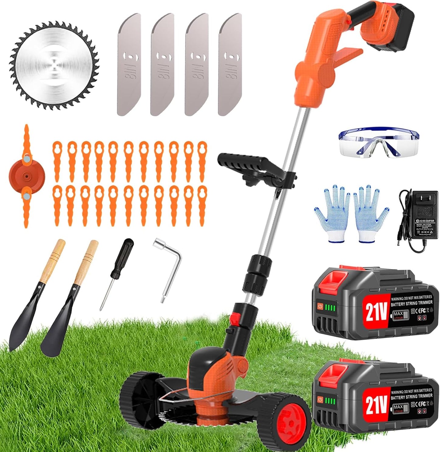Electric Weed Wacker Eater Cordless Battery Powered, Weed Trimmer 4.0Ah Lightweight No-String with 2 Battery Operated & Wheels, 3 in 1 Stringless Grass Trimmer/Edger/Brush Cutter for Garden Yard Lawn