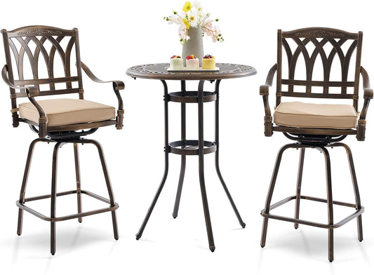 3 Piece Swivel Outdoor Table and Chairs Bar Set , All-Weather Cast Aluminum Outdoor High Top Patio Bar Set Bistro Set, High Swivel Stools with Cushions Umberlla Hole for Balcony, Poolside,Garden,Lawn