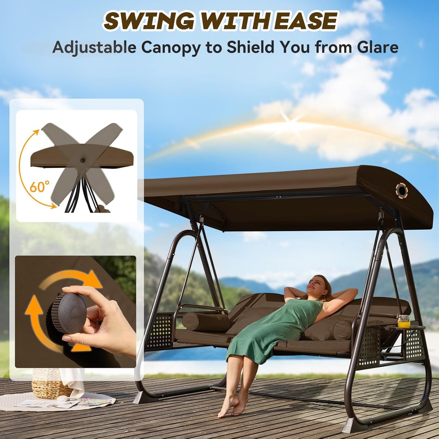 3 in 1 Outdoor Porch Swing with Adjustable Canopy, 3 Seat Outdoor Swing for Adults, Patio Swing Chair with Thickened Cushions,Pillows & Cup Holders for Backyard, Porch, Garden (Brown)