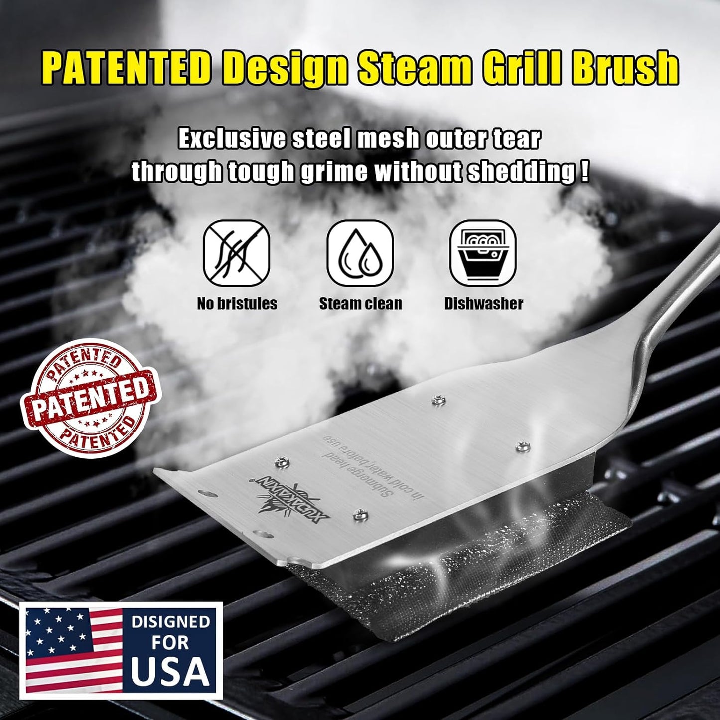 18” Steam Grill Brush Bristle Free,with Extended Luxurious Acacia Wood Handle,Safe Grill Cleaner for Outdoor Grill,Replaceable Head Grill Scraper Tool,BBQ Accessories,Gifts for Men/Dad ﻿