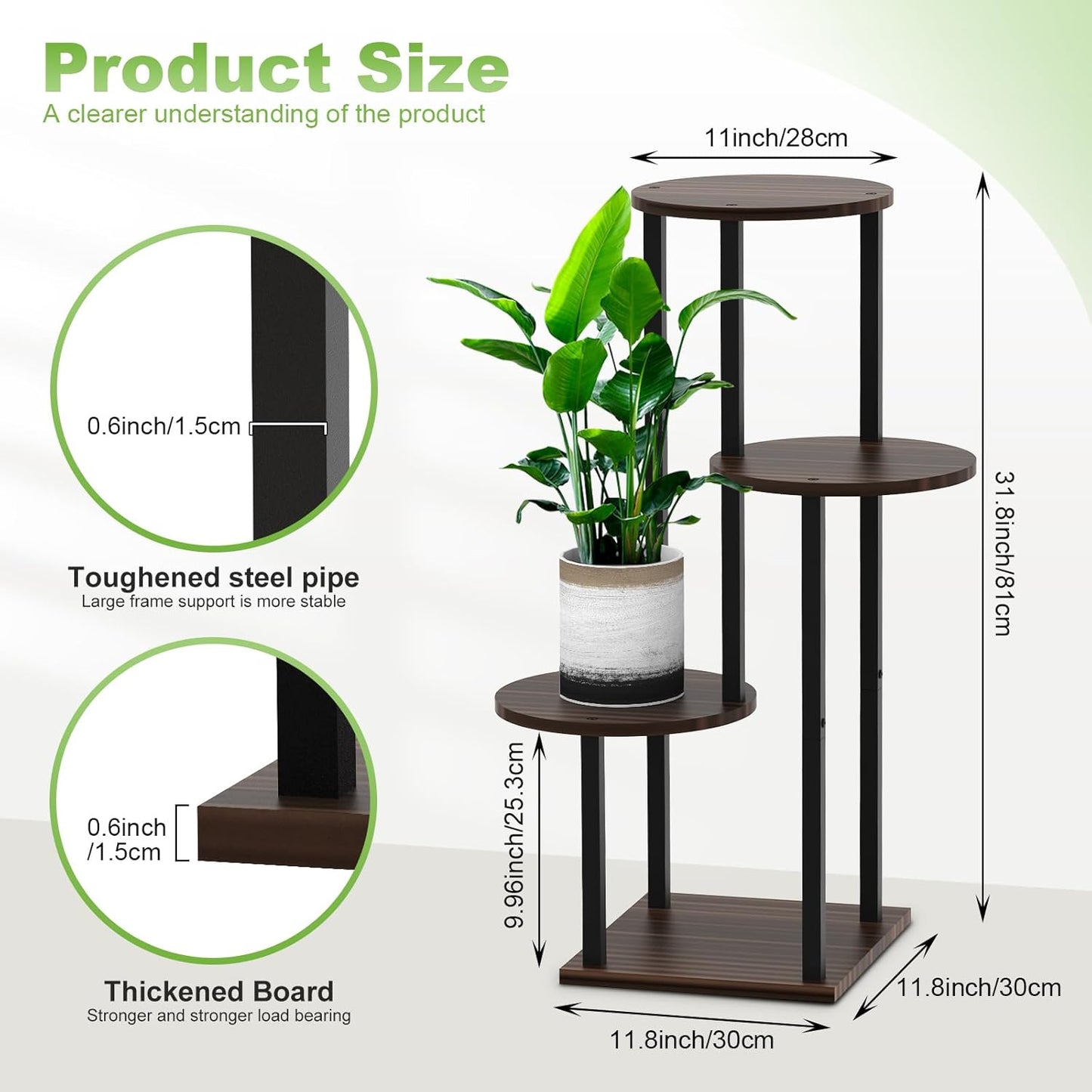 4 Tier Wood Tall Plant Stand Metal Rack Indoor, Multiple Flower Pot Holder Shelves Corner Rack, Round Planter Shelf Display Rack Storage Organizer for Patio Living Room Balcony(Black Oak)