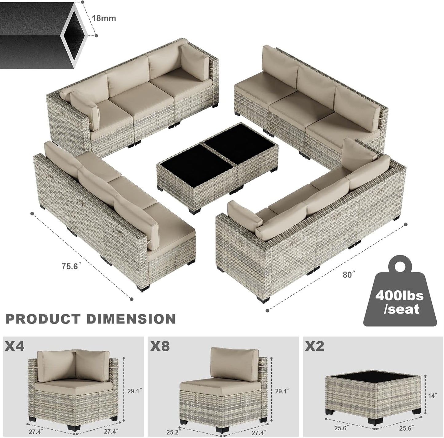 14-Piece Patio Furniture Set, Outdoor Sectional with Thick Cushions, Modular Patio Sofa, Dual-Strand Wicker Rattan, Rust-Resistant Frame, Backyard Furniture for Garden, Deck, Khaki
