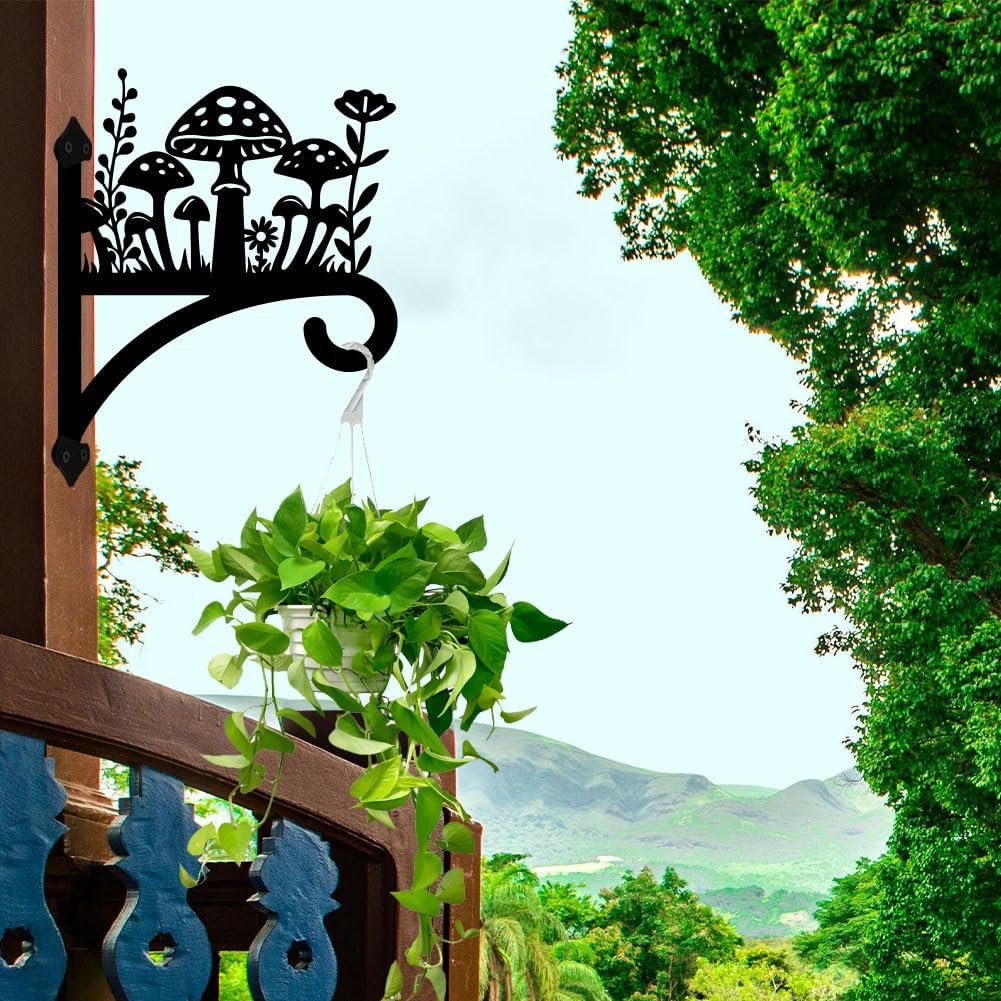 peacoblue Iron Plant Hangers Hook for Outdoor Indoor Hanging Plant Flower Fern Pot Lantern Bird Feeder,12"x15" Weather Resistant Metal Wall Holder for Porch Garden Farmhouse(Mushroom and Wildflower)