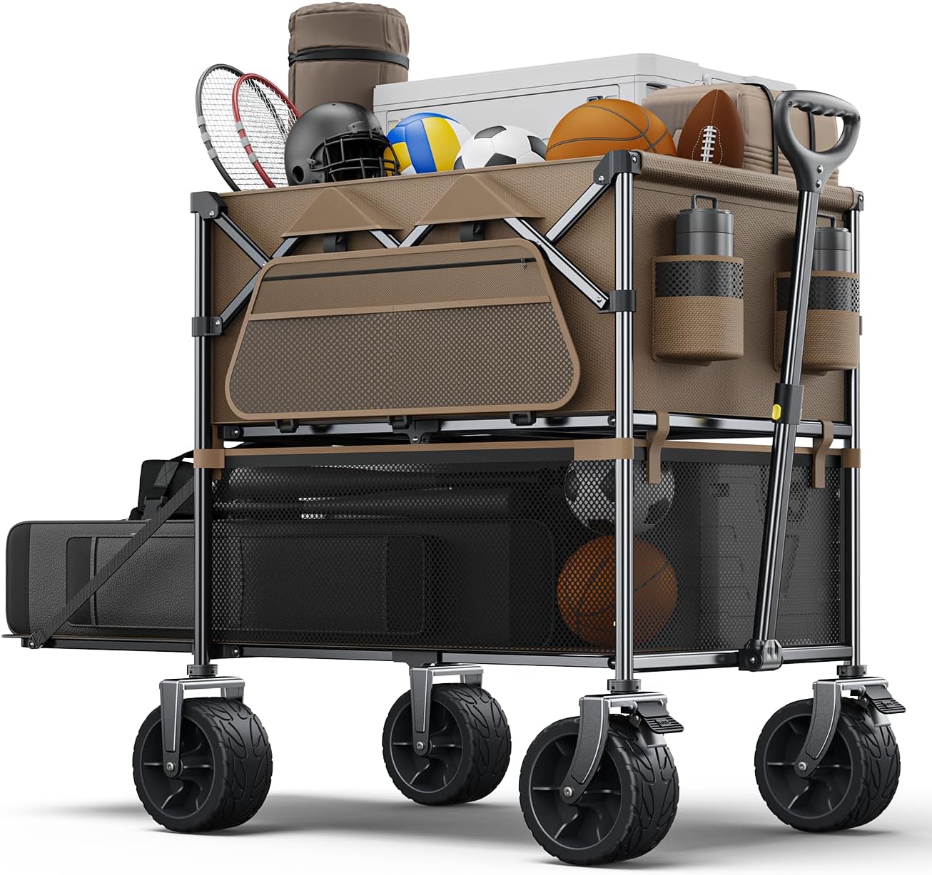 Foldable Wagon Cart,Everyfun 480Lbs Double Decker Wagon,Beach Carts with Big Wheels&Side Pocket&Dustbag,Large Capacity Folding Wagon for Shopping,Garden,Camping,Fish,New Wave Sports Wagon-Brown