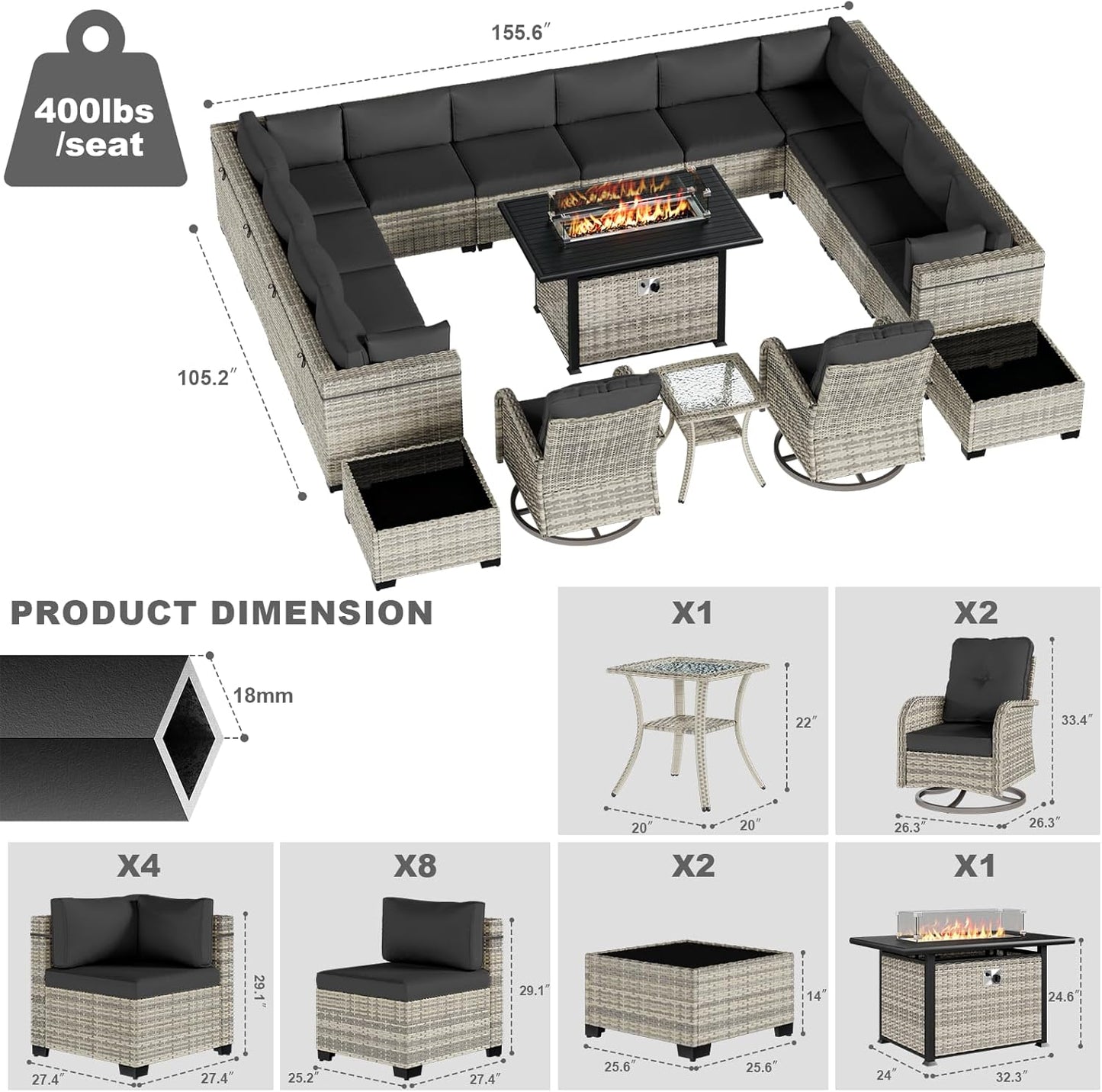 18-Piece Patio Furniture Set, Outdoor Patio Furniture with 55,000 BTU Fire Pit Table, Swivel Chairs Set, Thick Cushions, Modular Patio Sofa, Dual-Strand Wicker Rattan, Rust-Resistant Frame,Black