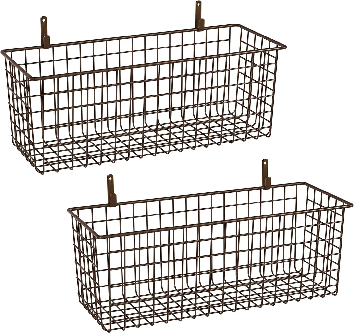2 Sets Extra Large Hanging Wall Basket, Brown Metal Wire Baskets with Steel Hooks for Organizing, WallmountedFruit Vegetable Toy Snack Storage, Home Kitchen Bathroom Laundry Pantry Organizer