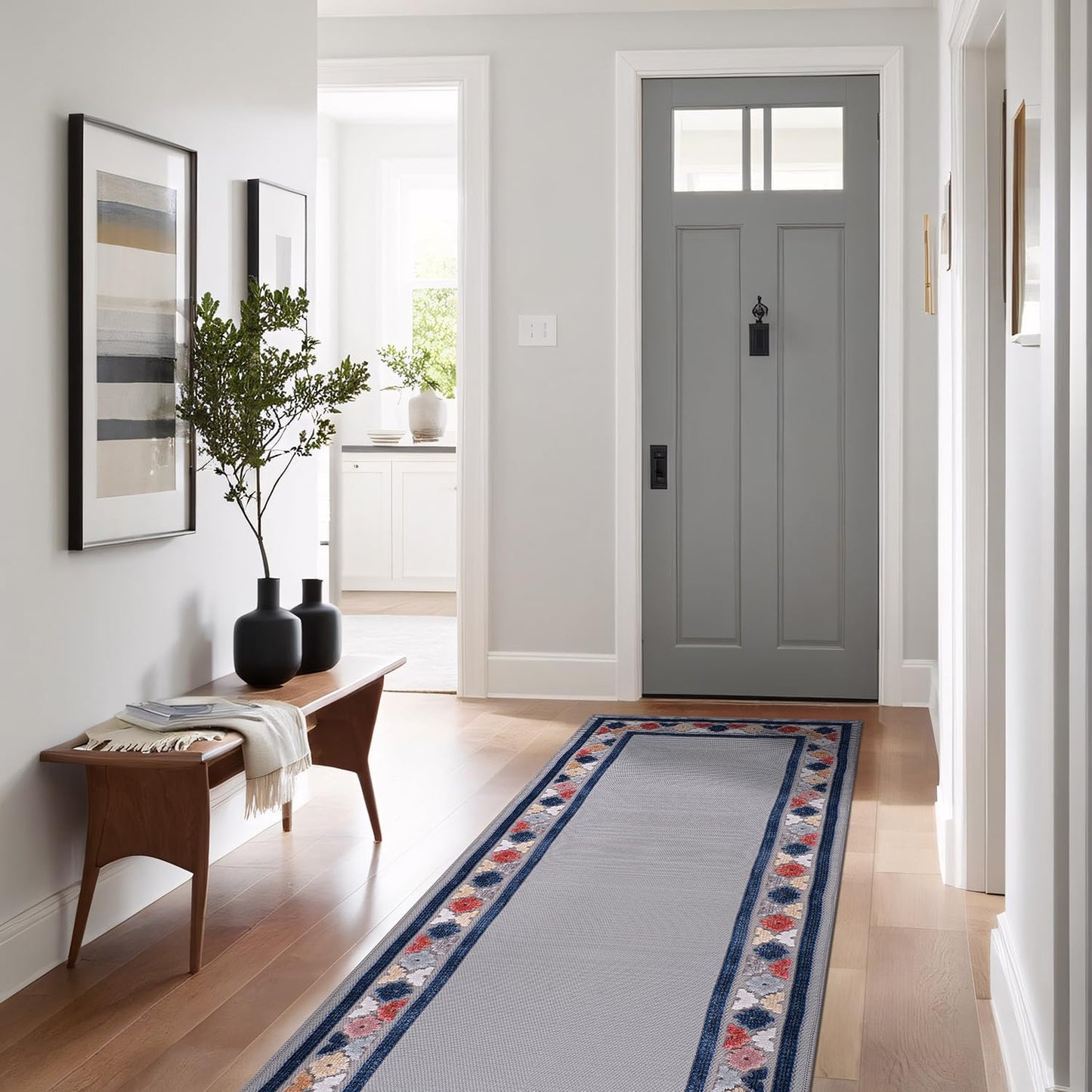 Beverly Rug Outdoor Runner Rug 2x7 Modern Floral Bordered Area Rugs for Indoor and Outdoor Patio Easy to Clean Non Shedding Living Room Porch Garden Washable Outside Carpet (2 x 7 Gray)