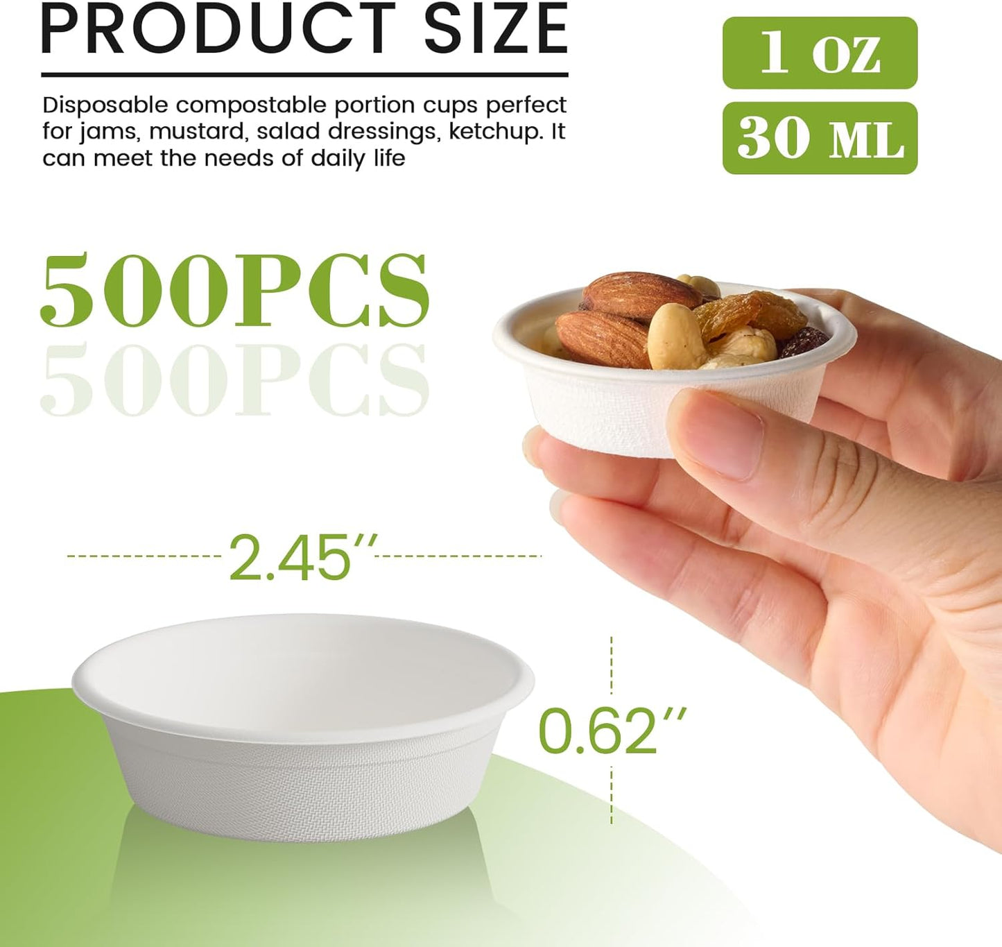 ECOLipak 1 oz Compostable Condiment Cups, 500 Pack Biodegradable Bagasse Portion Cups for Samples, Jello Shots, Tastings, Dessert, Juice, Souffle