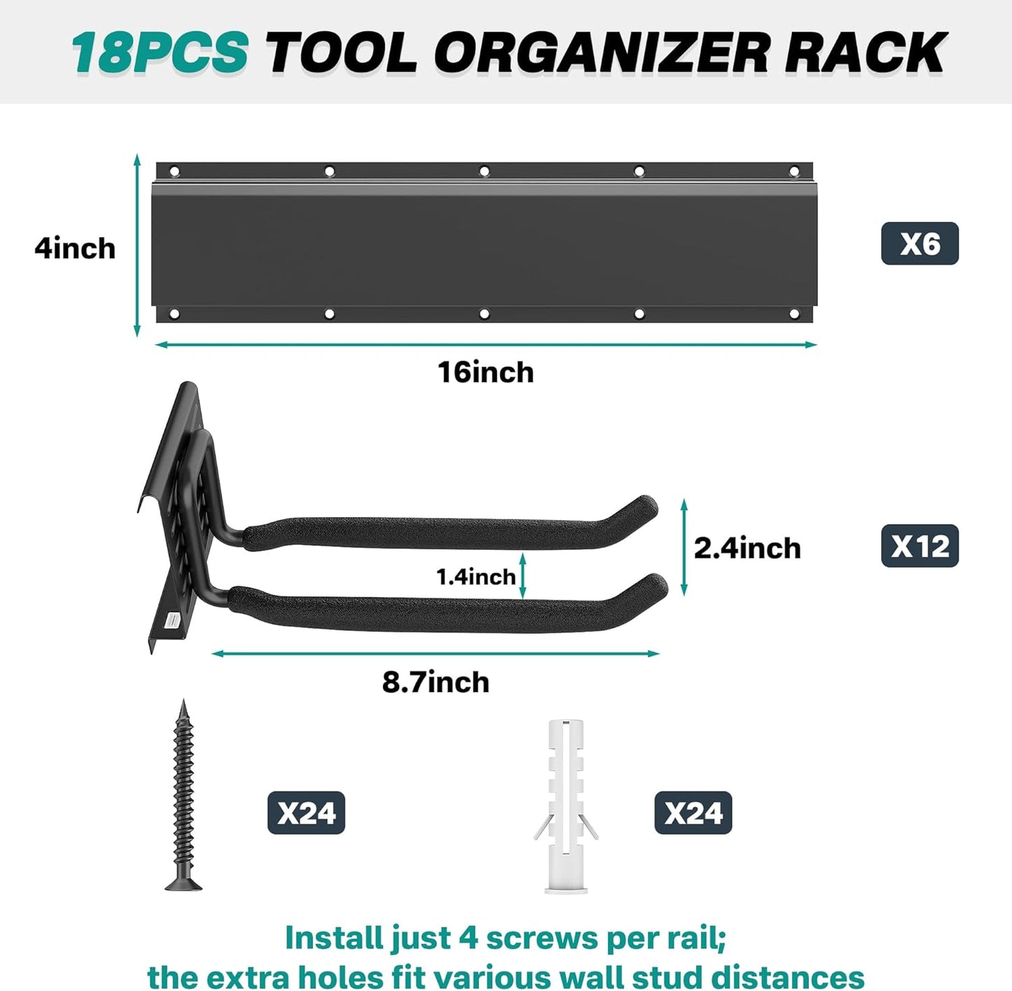 EVERHANGER Garage Tool Storage Organizer, Wall Mount Garden Tool Rack Organization, Heavy Duty Folding Chair Hangers with 12 Adjustable Hooks, Max Load 900lb, 96inch
