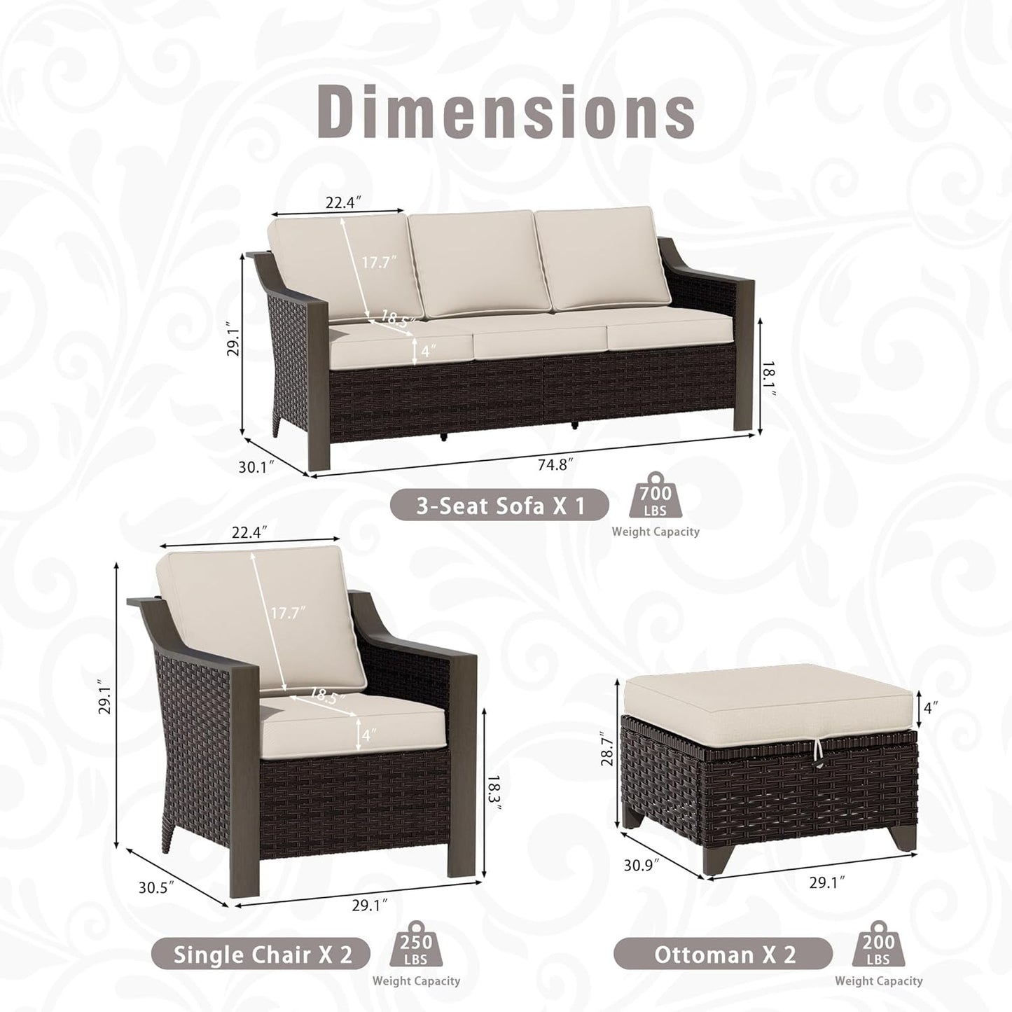 5 Piece Wicker Patio Conversation Set, All-Weather Use Outdoor 2 PE Rattan Chair, 2 Ottoman, 1 Patio Sofa, Removable Water-Resistant Cushion, Ideal for Porch, Backyard, Balcony, Poolside, Beige