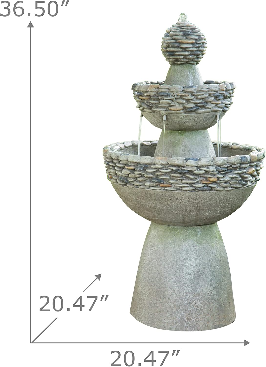 Teamson Home 36.5 in. Outdoor 3-Tier Zen-Style Pedestal Water Fountain in. with Stone Trim with Pump and 2.64 Gallon Capacity, Stone Gray