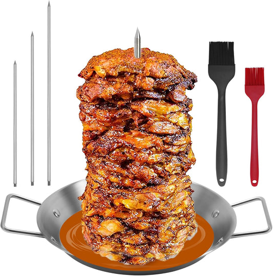 Al Pastor Skewer for Grill, Stainless Steel Vertical Skewer, Brazilian Vertical Spit Stand with 3 Removable Spikes(8”/10"/12”)& Brushes, for Tacos Al Pastor, Shawarma Kebabs Smoker Oven BBQ Dishes