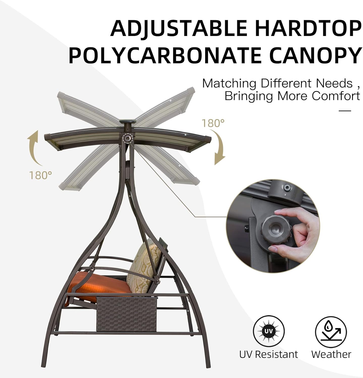 Domi Porch Outdoor Patio Swing with Adjustable Hardtop Polycarbonate Canopy, 2-seat Swing Chair Bench with Solar LED Light for Backyard Yard Poolside Porch Lawn, Cushion and Pillows Included