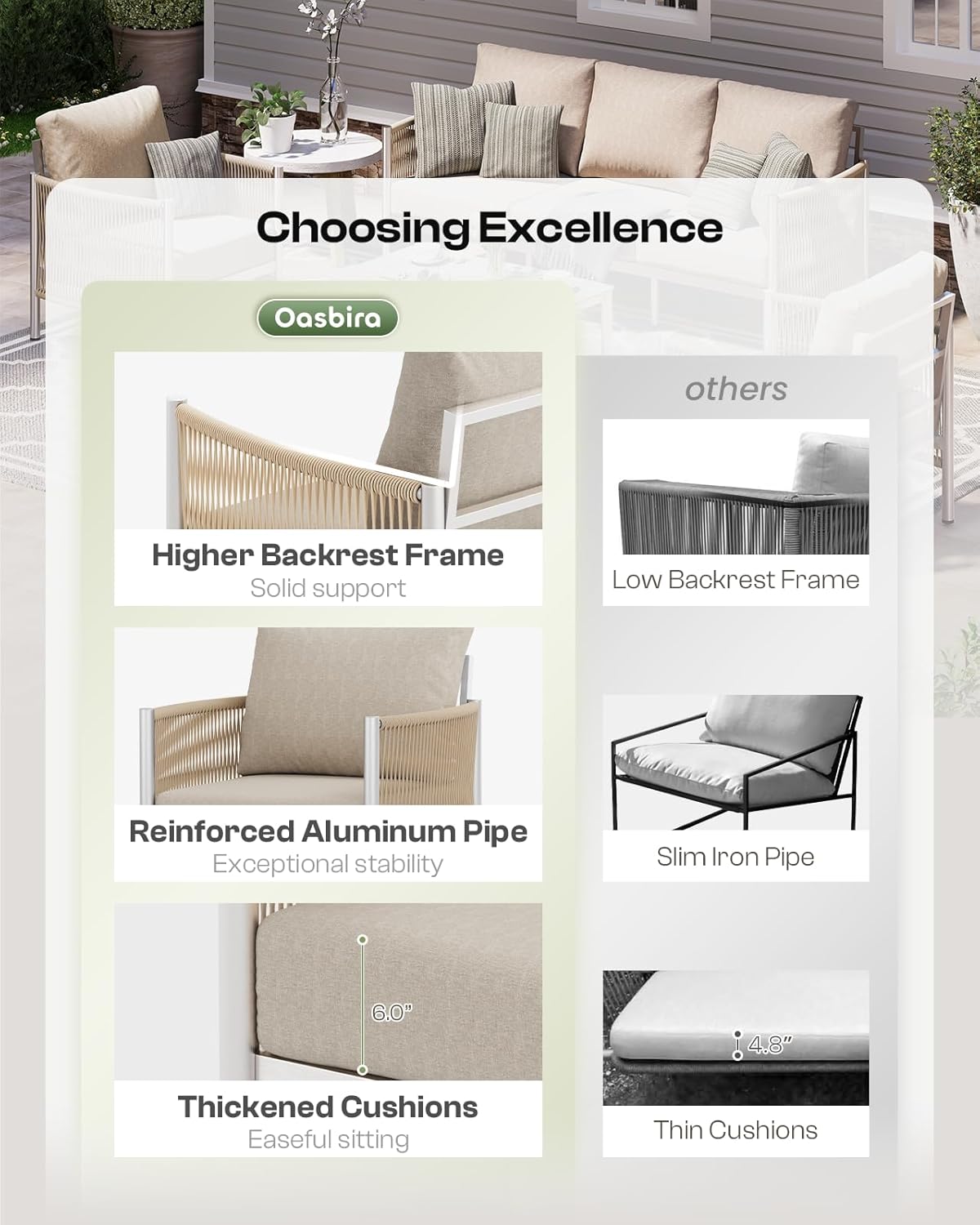 Aluminum Outdoor Patio Couch Loveseat, HDPE Rope Patio Sofa with Washable Thick Cushion, All-Weather Patio Furniture for Balcony, Yard, Silver Frame, Beige