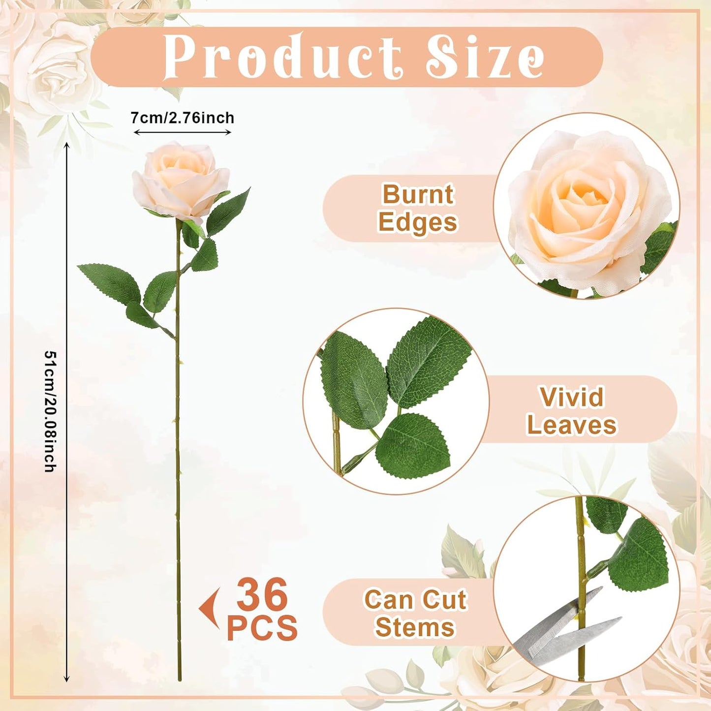 36 Pcs Champagne Artificial Roses with Long Stems, Fake Silk Rose Artificial Flowers Bulk for Bridal Wedding Bouquet Centerpiece Ball Arrangement Party Decor