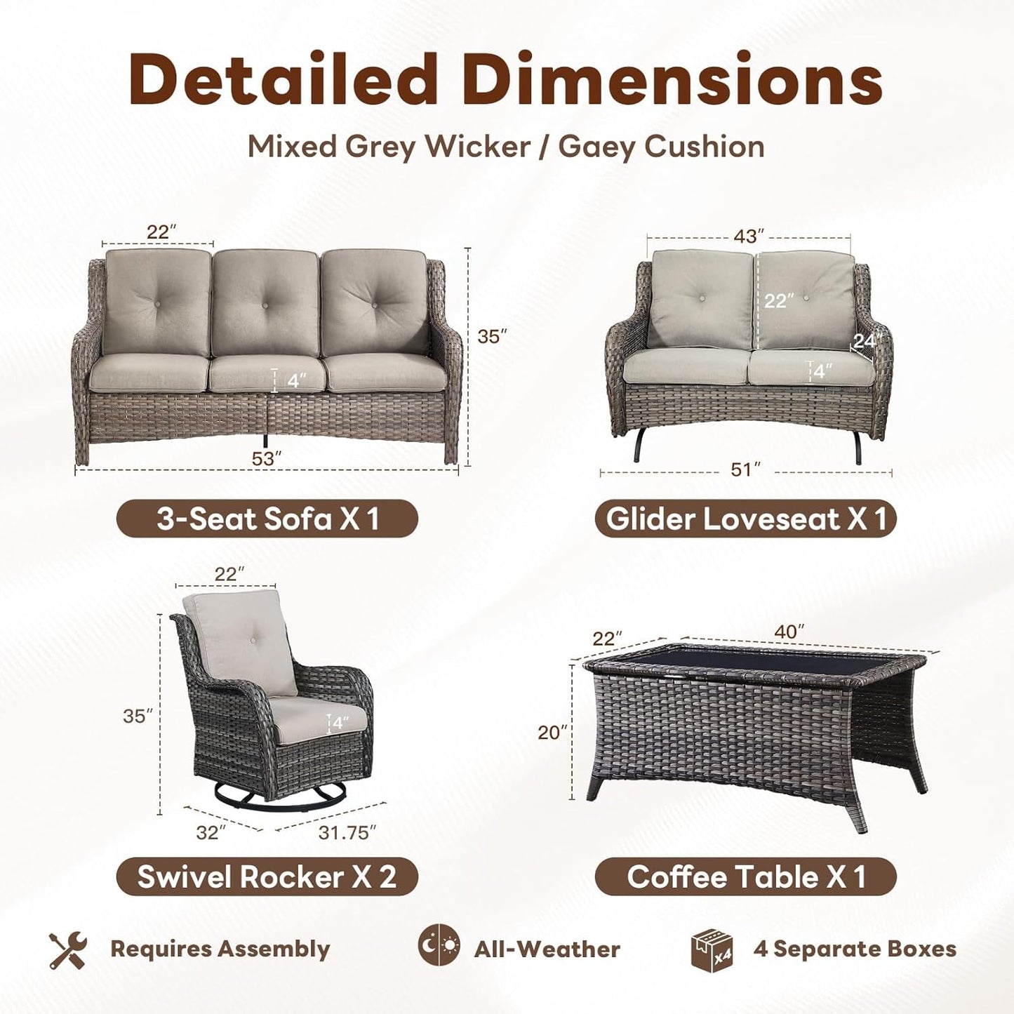 5 Piece Outdoor Patio Furniture Set - Outdoor Conversation Couch and Loveseat Glider Chair Furniture Set with Rattan Coffee Table for Deck Balcony Poolside Gray Wicker/Grey Cushions