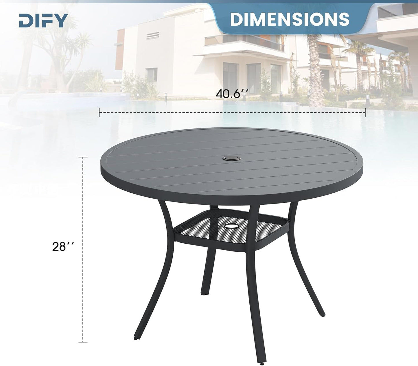 DIFY Outdoor Dining Table for 4, Round Patio Table with Umbrella Hole for Garden, Backyard and Porch (Dark Grey)