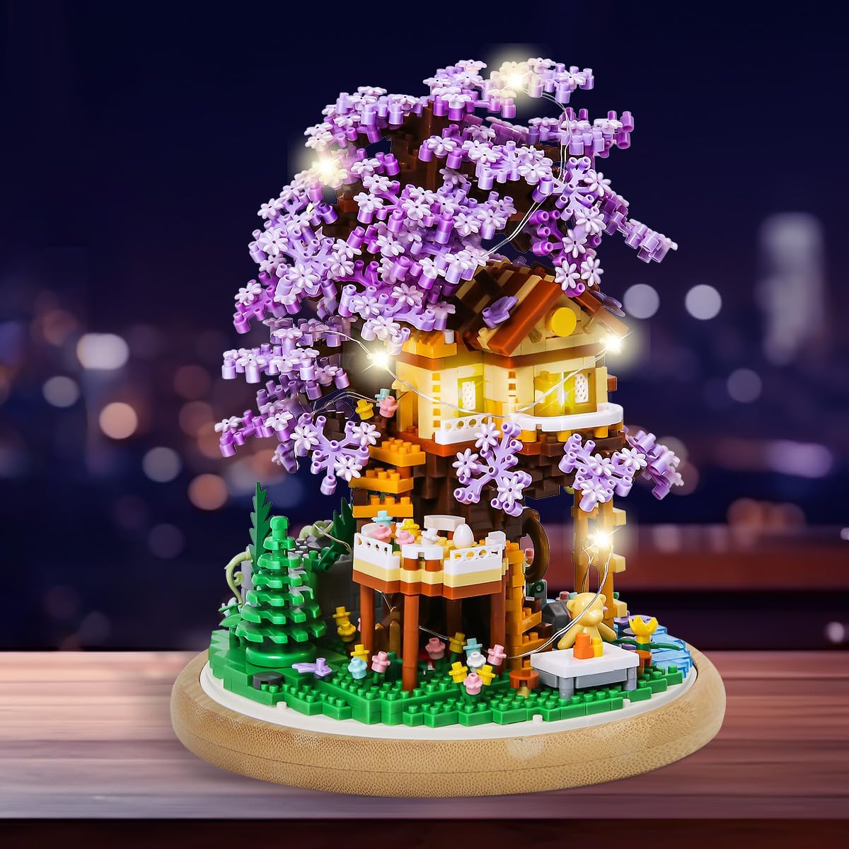 DIY Flower Building Toy Sets Miniature Cherry Blossom Tree House Building Kit, Purple & Yellow Sakura Flowers, Building Blocks Set for Adults & Girls - Bonsai Tree Model with Dust Cover