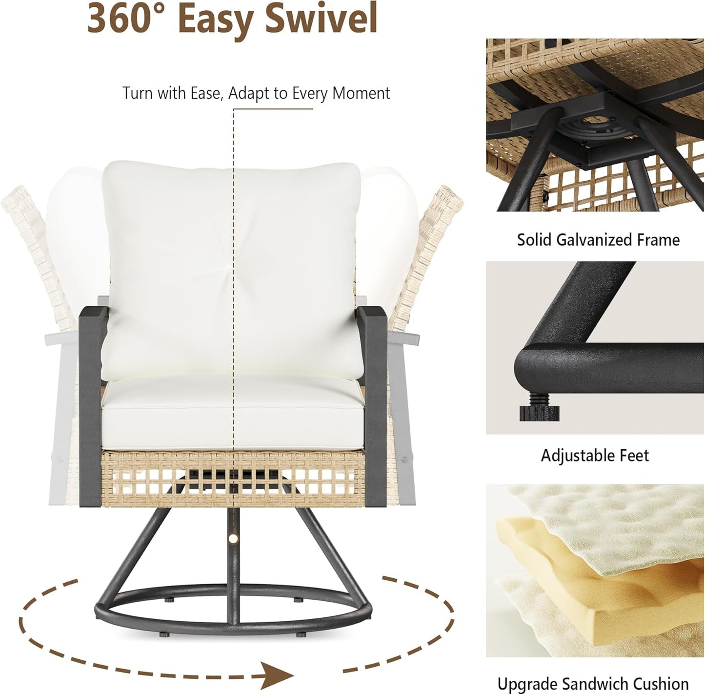 3 Piece outdoor swivel chair set of 2, outdoor swivel patio chairs with Wood-Grain Tabletop Coffee Table and 6" Thick backrest, front porch furniture for Patio, Backyard, Deck, Poolside(Beige)