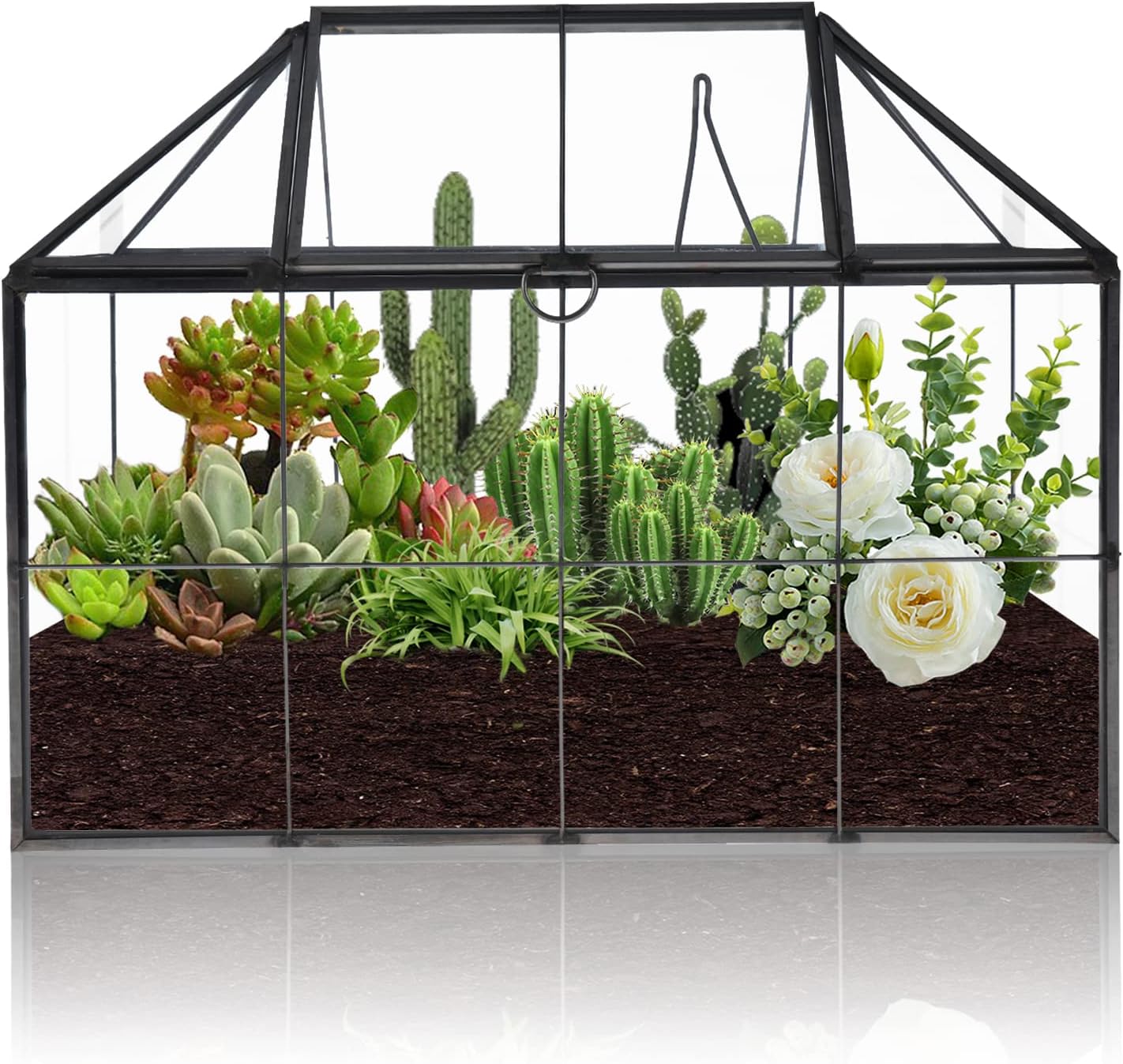HighFree Geometric Terrarium Planter with Swing Lid, House Shape Black Handmade Glass Box, Vintage Tabletop Miniature Terrarium, for Succulent, Cacti, Air Plants (Not Watertight - 9.2x5.5x7.3 inch)