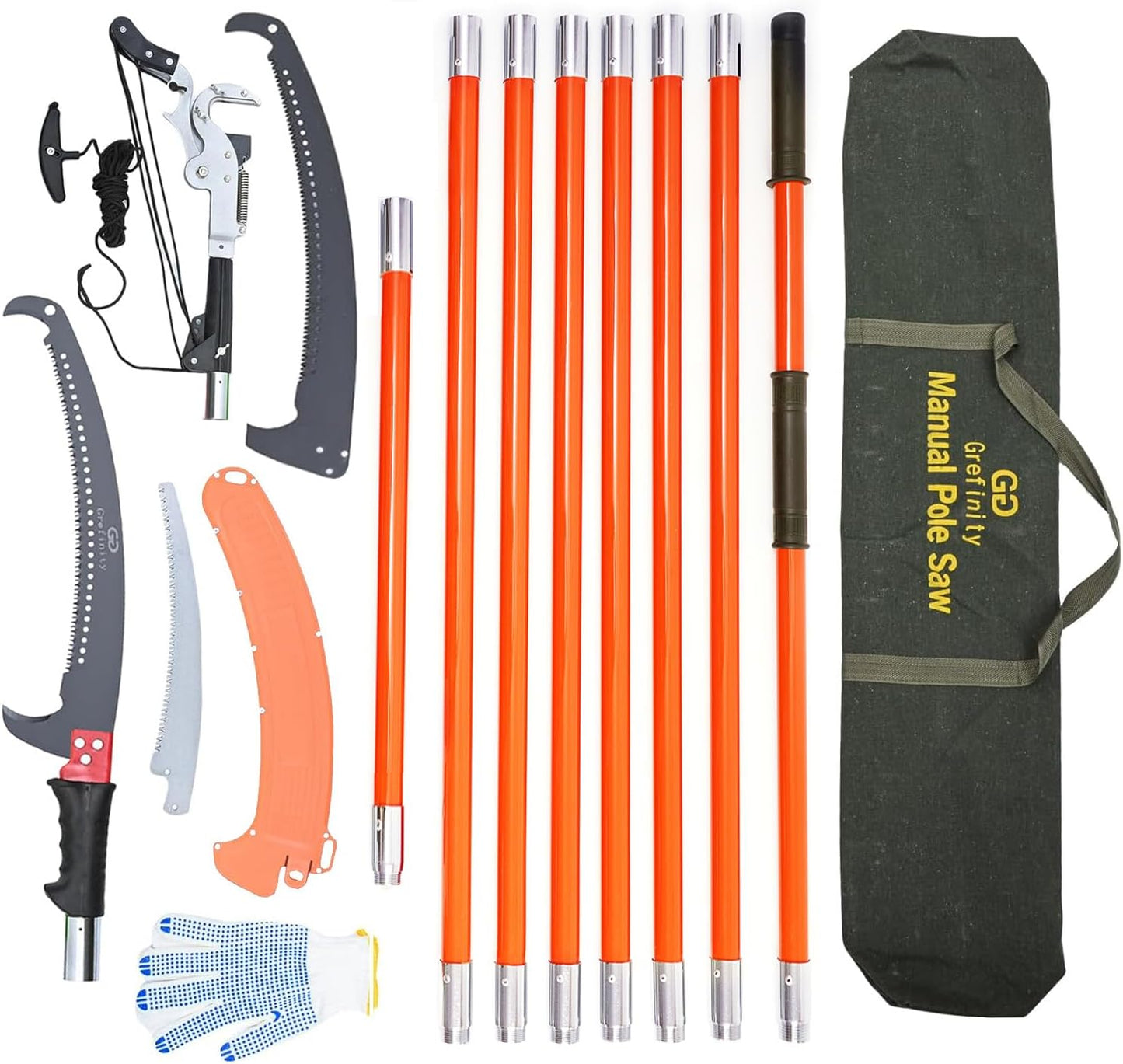 27FT Manual Pole Saw, Tree Branch Trimmer with 8-Section Fiberglass Handle, Sharp Steel Blade and Heavy-Duty Giant Pruning Scissors, Design for High Branch Trimming, Orange