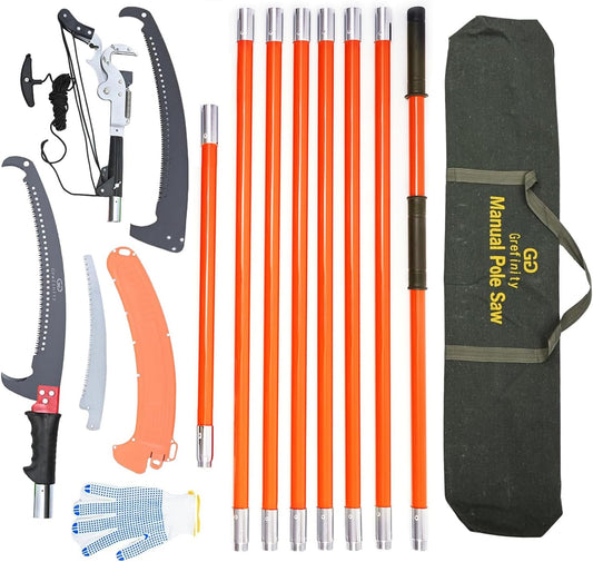 27FT Manual Pole Saw, Tree Branch Trimmer with 8-Section Fiberglass Handle, Sharp Steel Blade and Heavy-Duty Giant Pruning Scissors, Design for High Branch Trimming, Orange