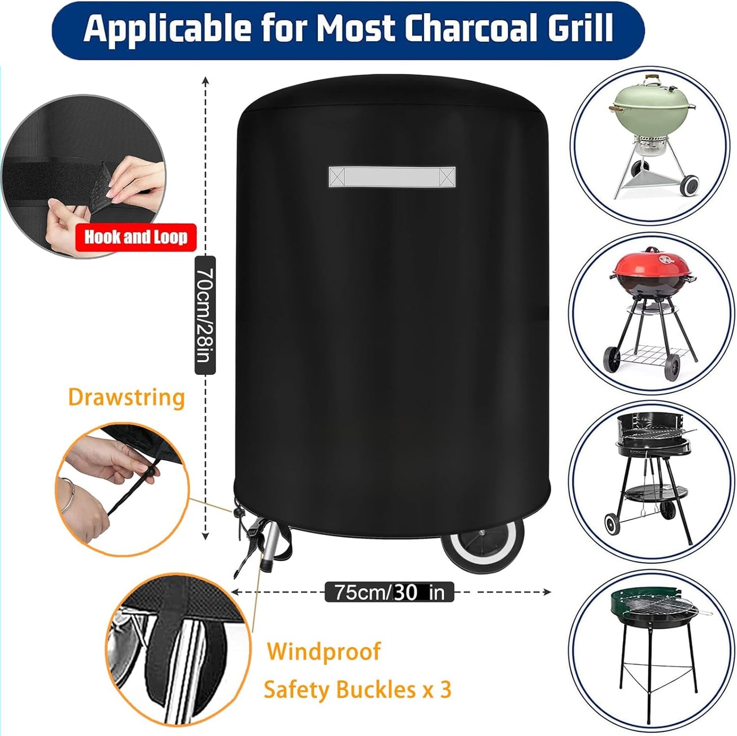 22 inch BBQ Gas Grill Cover for Outdoor Grill, Grill Cover for Weber 22 Inch Charcoal Kettle - Heavy Duty Waterproof Anti-UV Barbecue Cover for Weber Char-Broil 22 Inch Charcoal Kettle Grills, Black