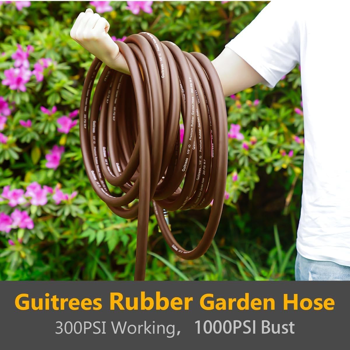 Garden Hose 75FT x 5/8", Heavy Duty Rubber Hose, Water Hose with Five Layered Braiding, Male to Female Fittings, 1000PSI Burst, 300PSI Working (Brown)