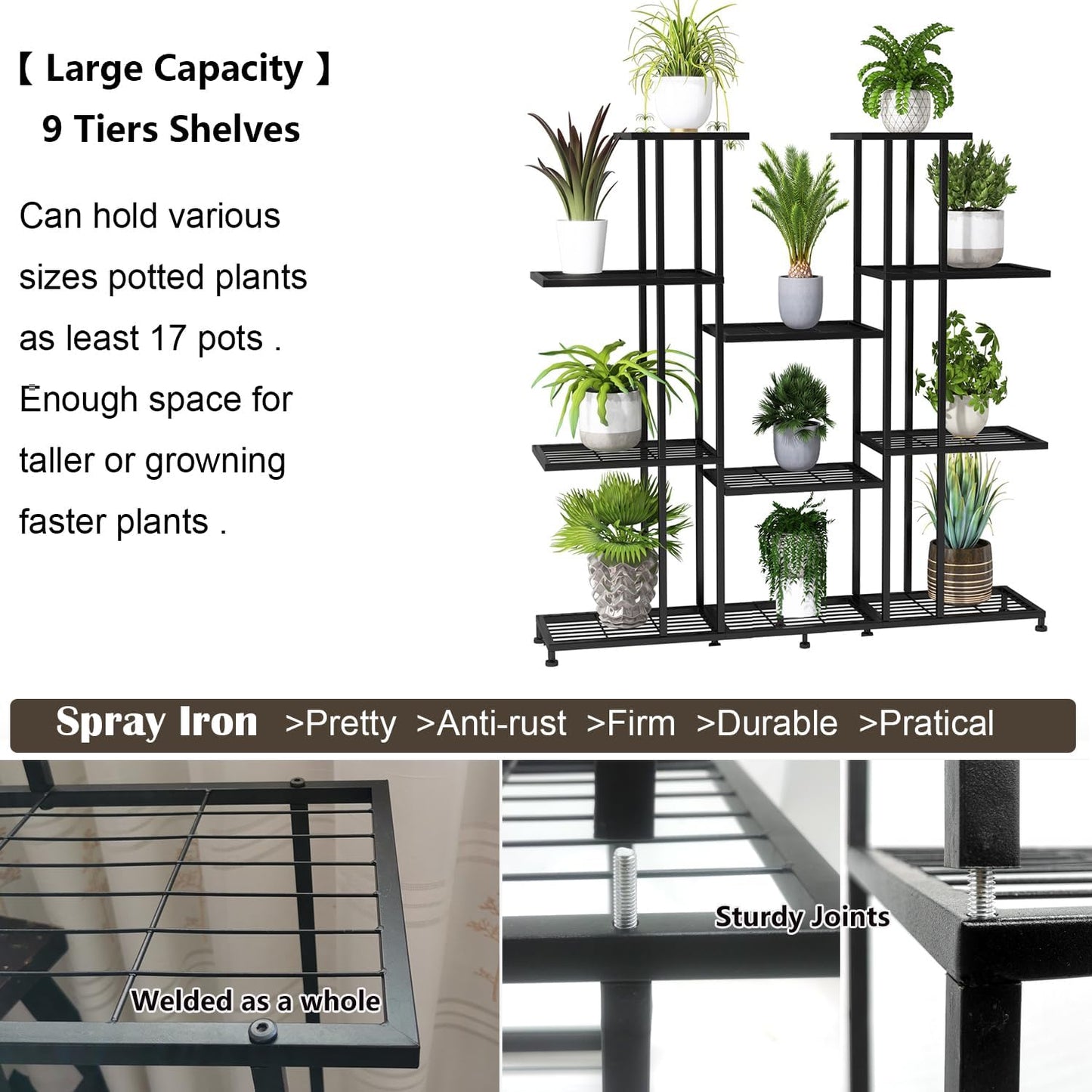Heavy Duty Metal Plant Stand, large Multifunctional Plant Stand for Indoor Outdoor, for Tall Large Rack for Living Room Garden Balcony, Black(9 Tier)