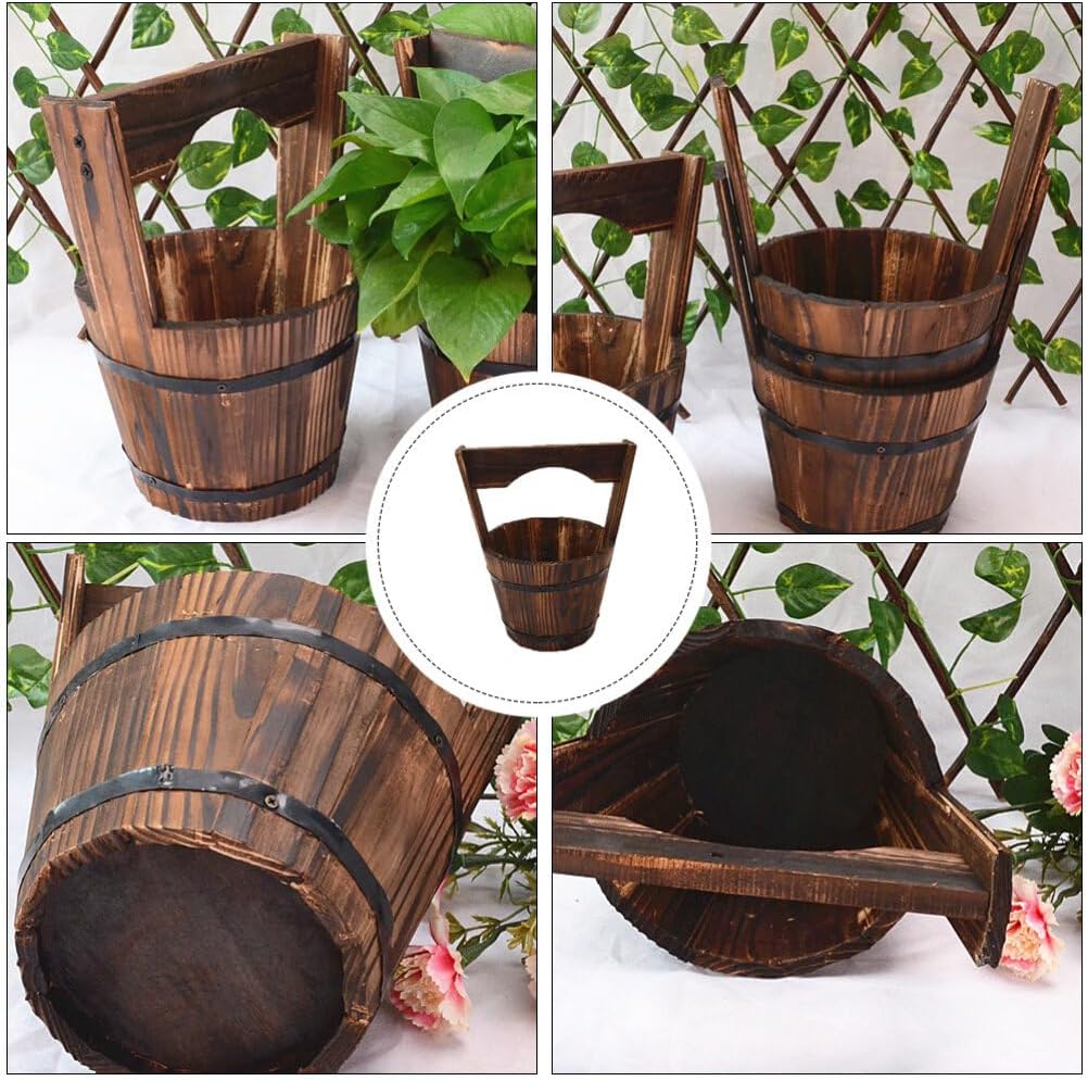 HANABASS Wooden Bucket Barrel Rustic Patio Pots Water Wishing Well Pail Vintage Style Primitive Planter Container for Garden Home Patio Backyard, 10.6x9.0 inch