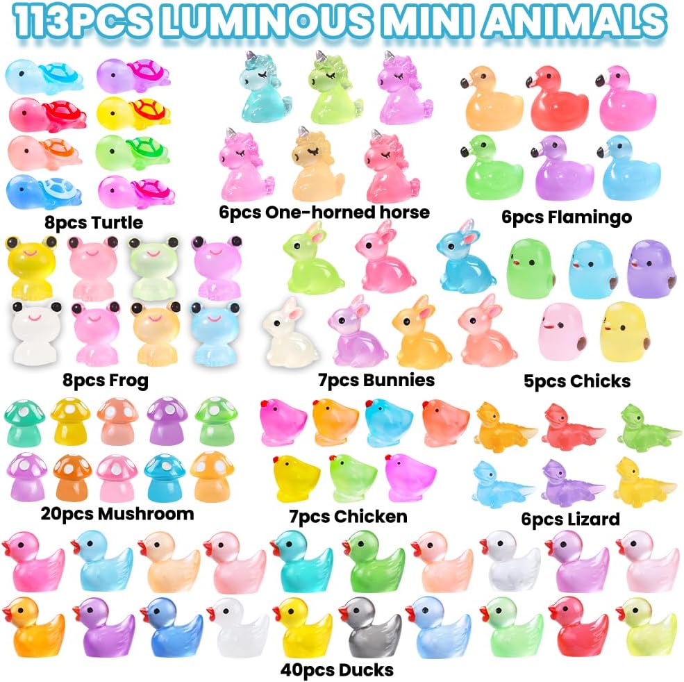 113pcs Luminous Mini Resin Animals, Glow in The Dark Miniature Resin Animal Figures Tiny Small Little Ducks Turtle Bulk for Dollhouse Micro Landscape Aquarium Fairy Garden DIY Decorations