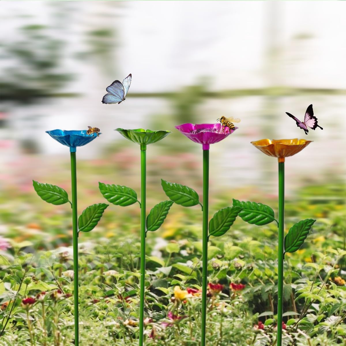 4 Pack Bee Watering Station for Garden, Metal Flower Colorful Butterfly Water Feeders, Butterfly Bath Bowl, Pollinator Watering Stake Decor for Outdoor Yard (Pink,Green,Blue,Orange)