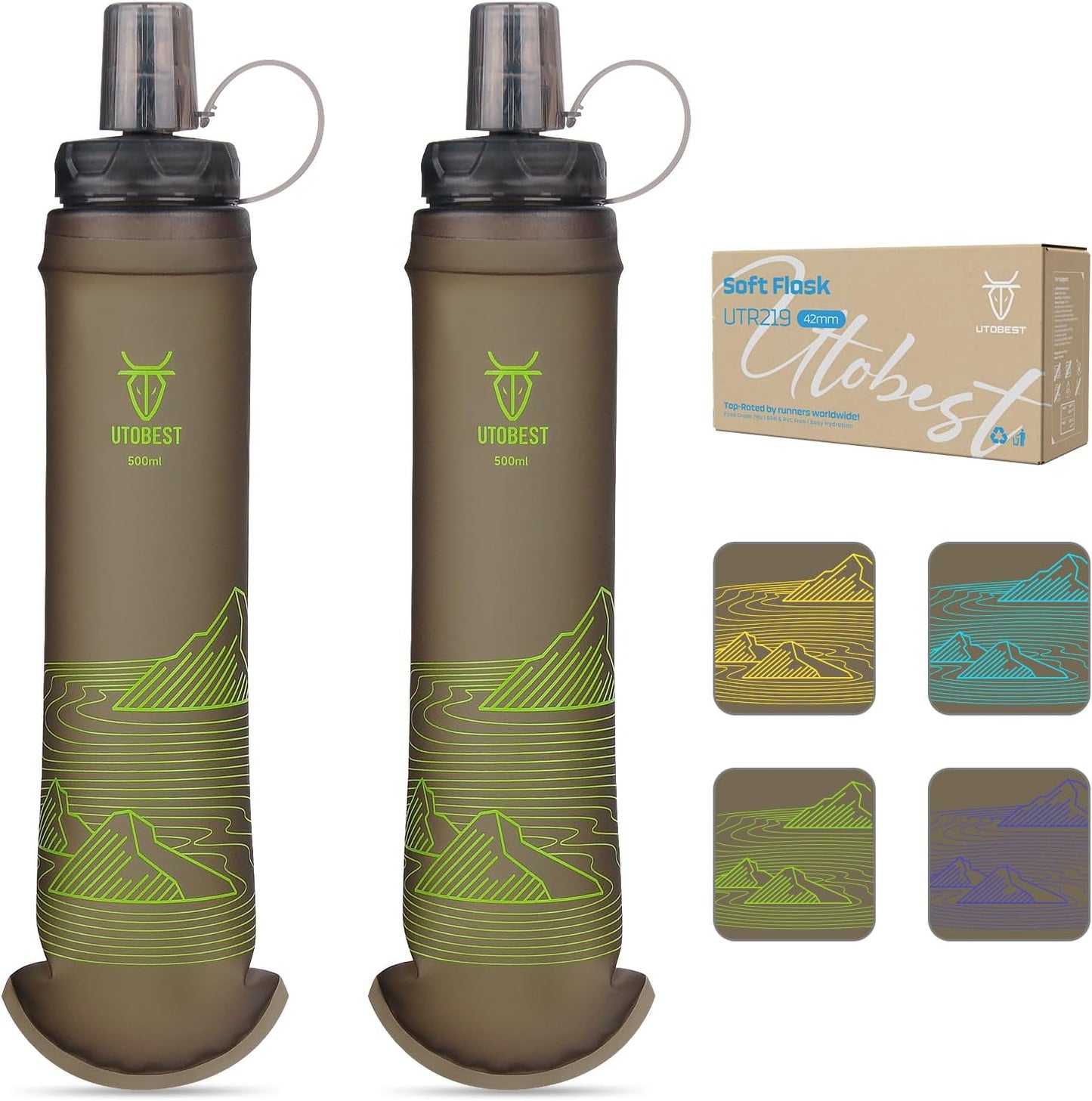 UTOBEST 500ml Soft Flask, 2 Pack Flexible TPU Hydration Water Bottle, Collapsible with 42mm Caliber for Running, Hiking, Cycling, Climbing, and Marathon Green