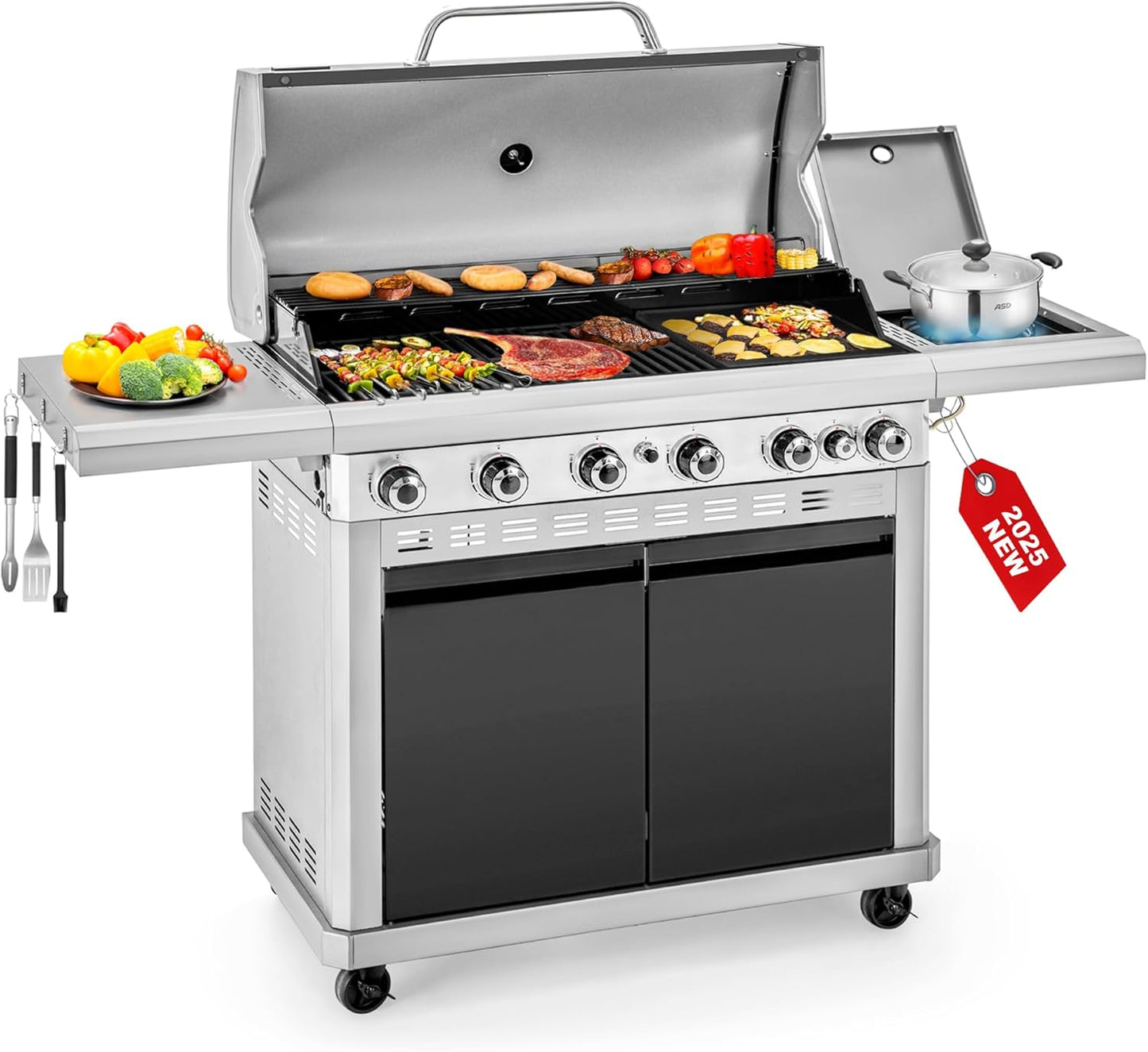 2 in 1 Propane Griddle Grill Combo, 6-Burner Propane Gas BBQ Combo Grill with Porcelain-Enameled Cast Iron Grates & Plate, 42,000 BTU with Side Stove for Outdoor Cooking Camping Patio Backyard