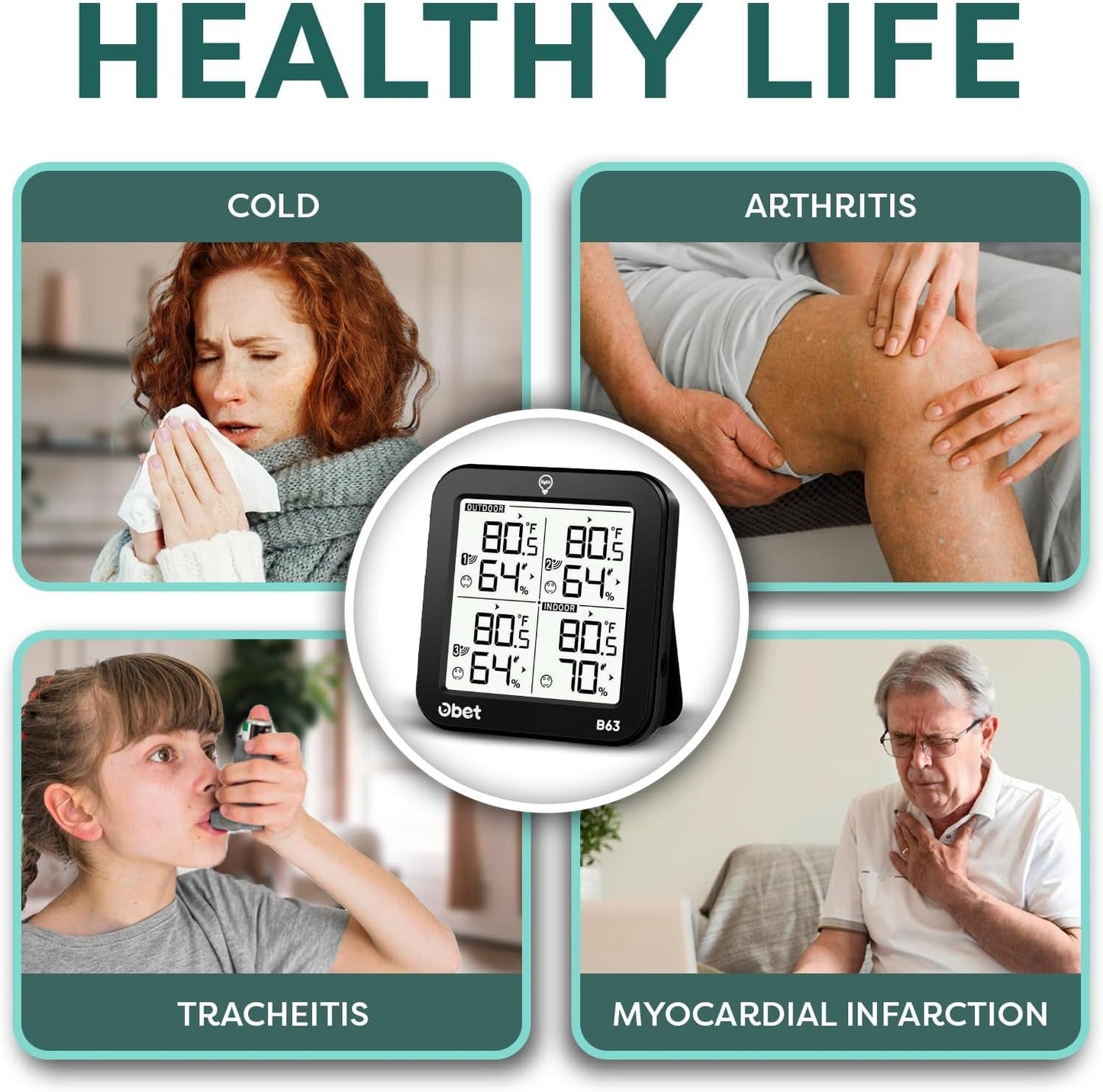 OBET Indoor Outdoor Thermometer Wireless with 3 Sensors Weather Station Temperature Humidity Monitor 500ft Range and Adjustable Backlight and Min Max Data Black