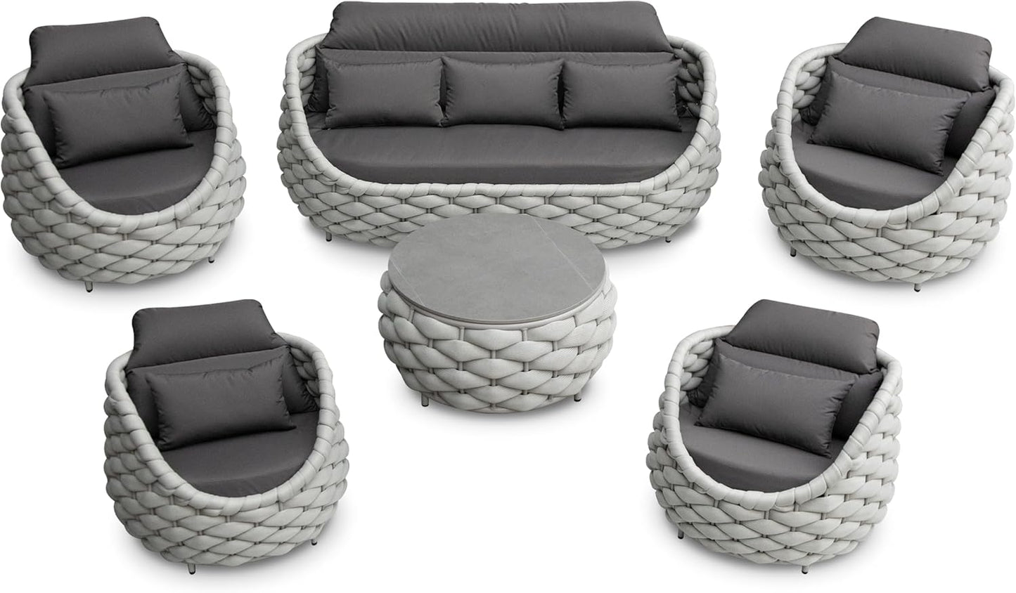 6 Pieces Rope Patio Furniture Set: Aluminum Outdoor Couch Set Cushioned - Assembled Conversation Sofa Set Modern - Metal Porch Seating for 7 Person - All Weather for Deck Garden Poolside Hotel