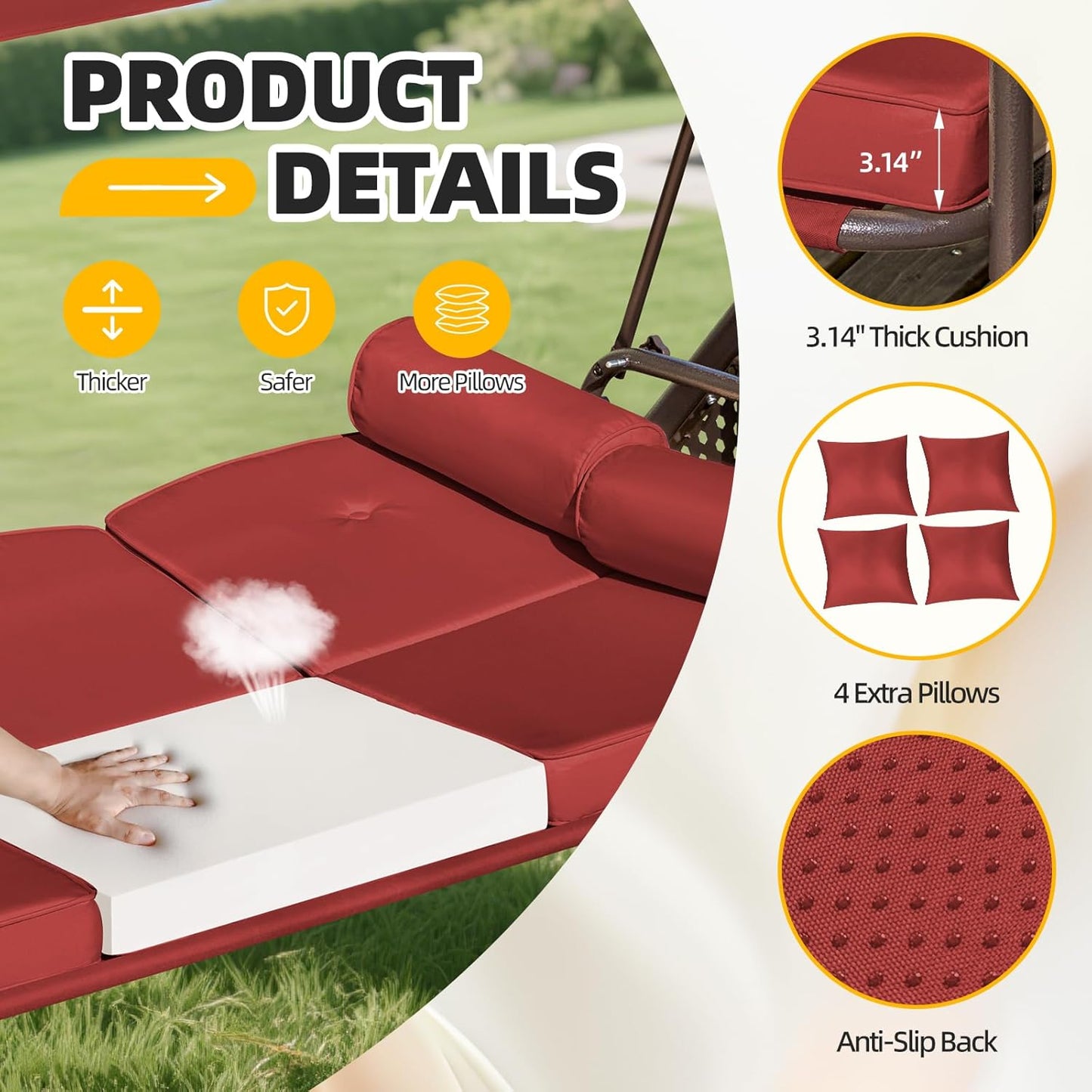 3-seat Patio Swing with Canopy,Convertible Outdoor Swing Bed with Thick Cushions, Pillows & Cup Holders, 3-Seat Outdoor Swings Chair for Backyard, Garden, Deck(Red)