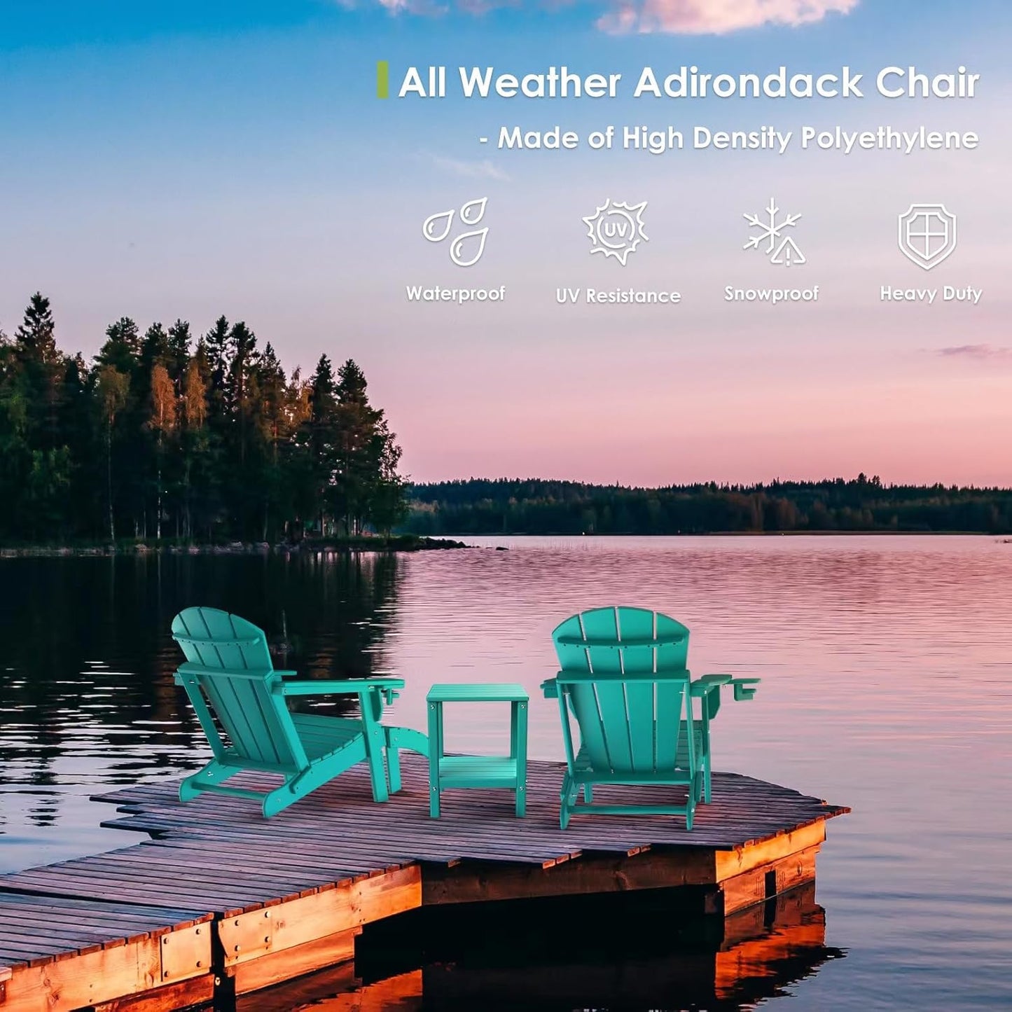 GREENVINES Folding-Adirondack-Chairs-Set-of-4 | HDPE All-Weather | Firepit Chair | Cup Holder | Aqua | for Campfire Deck Backyard Patio Outdoor Poolside Lawn