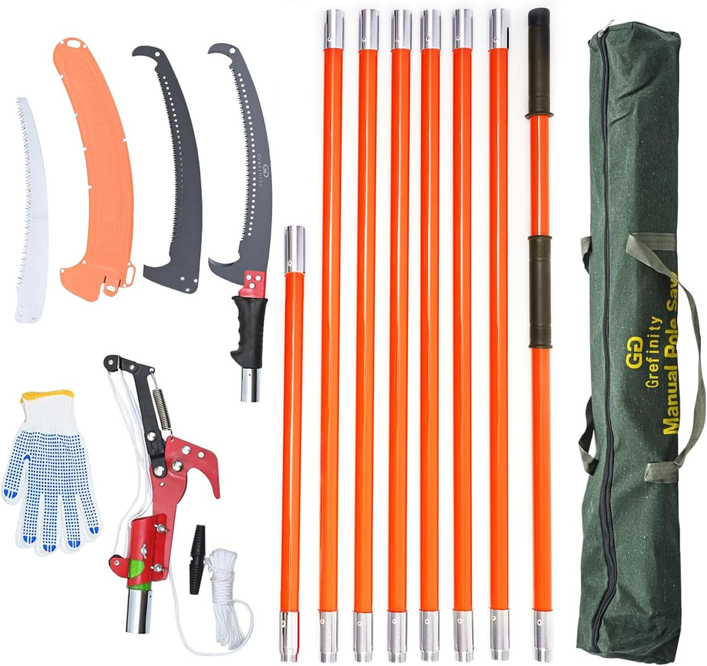 27FT Manual Pole Saw, Tree Branch Trimmer with 8-Section Fiberglass Handle, Sharp Steel Blade and Scissors, Lightweight Extendable Design for High Branch Trimming,Orange