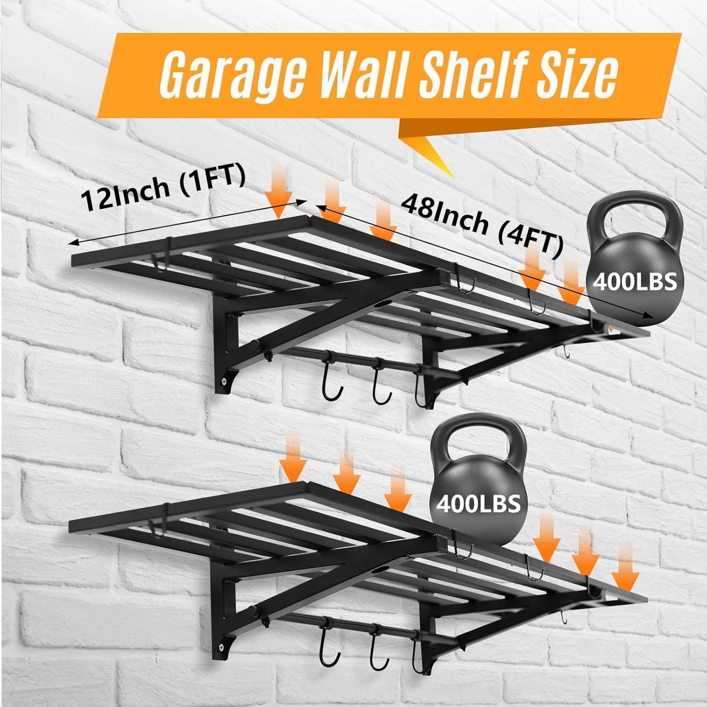 2-Pack 1X4 FT Garage Shelving Wall Mounted Holds Up to 800 Lbs Heavy Duty Wall Shelf, Black Metal Floating Adjustable Wall System Shelves for Garage Storage, Shed