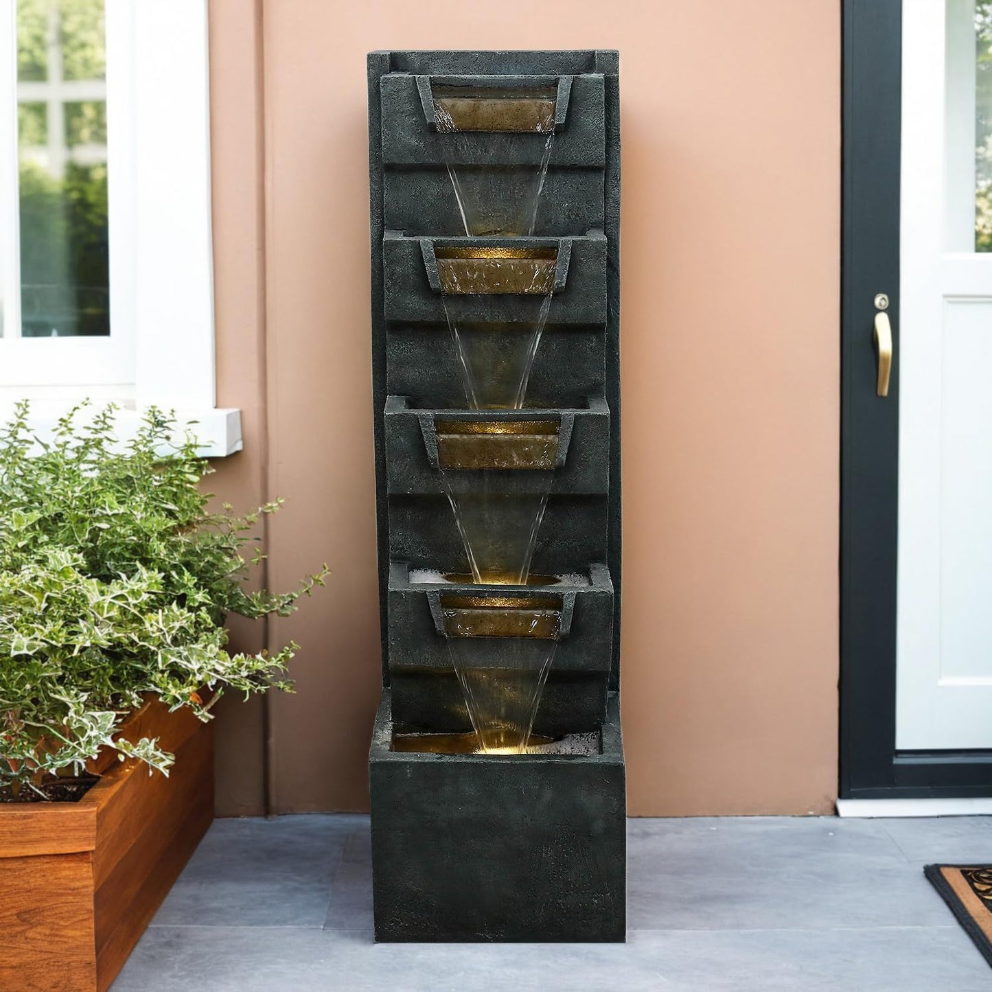 39.3" H Modern Water Fountain 5-Tier Outdoor Garden - Water Fountain w/LED Lights Cascading Waterfall Features for Home Garden Backyard Decor