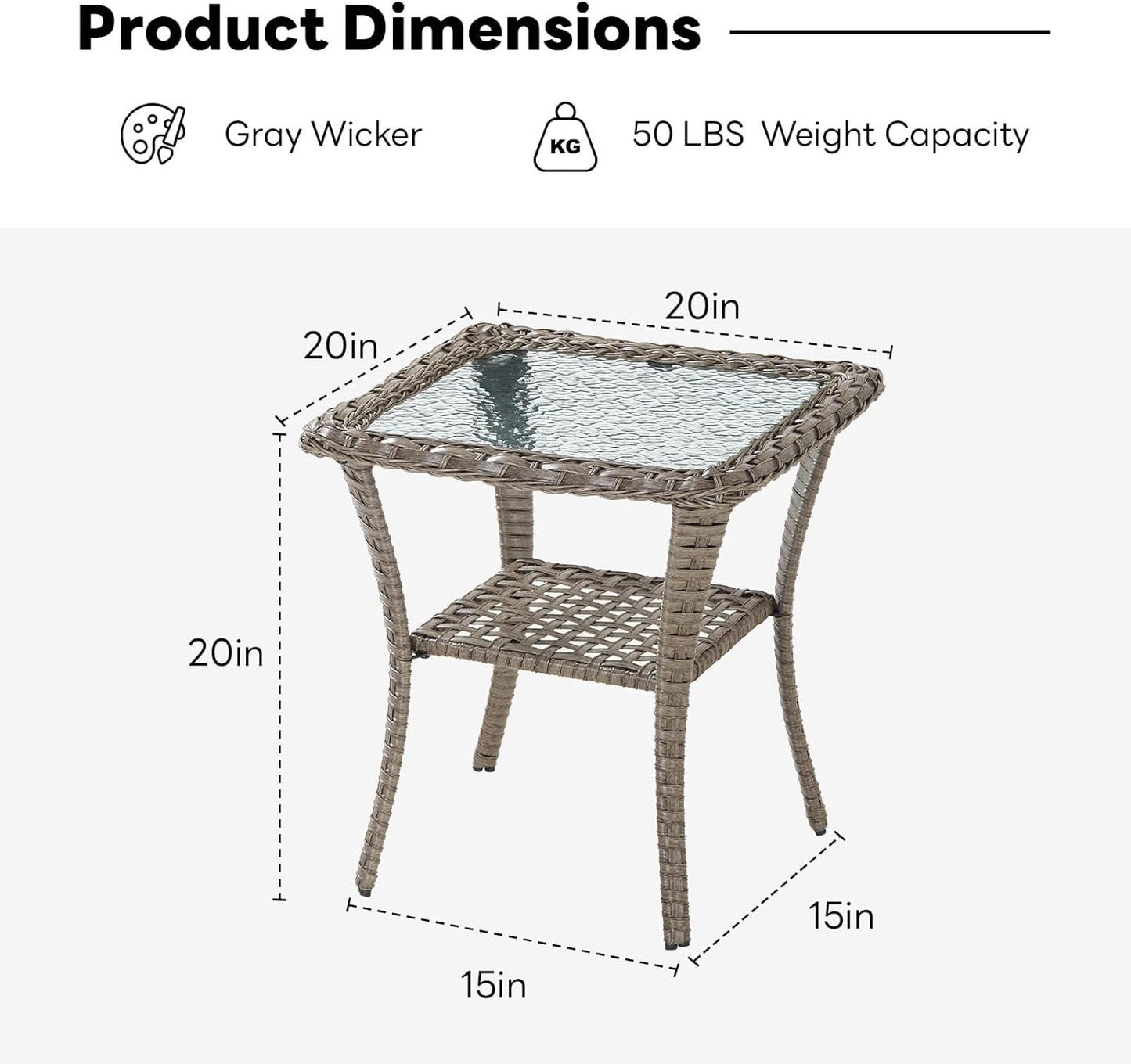 Handwoven Wicker Side Table - 20 Inch Small Outdoor Table 2 Tier Storage with Tempered Glass Top, All Weather Outdoor Patio End Tables for Deck Balcony Outside Gray