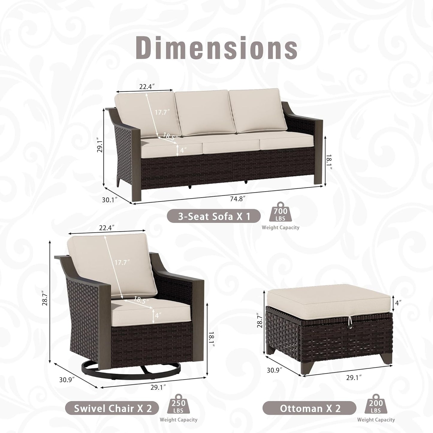 5 Piece Wicker Patio Conversation Set, All-Weather Use Outdoor 2 PE Rattan Swivel Chair, 2 Ottoman, 1 Patio Sofa, Removable Water-Resistant Cushion, Ideal for Porch, Backyard, Balcony, Poolside, Beige