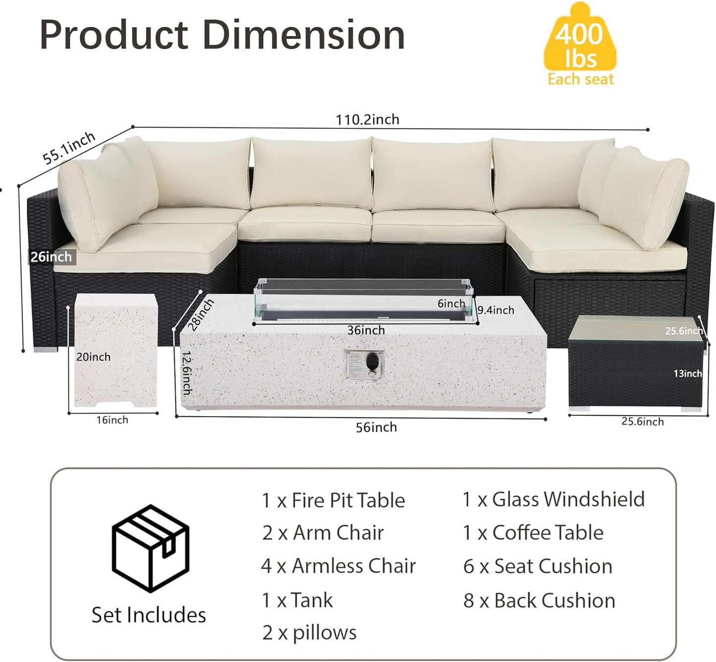 8 Piece Patio Furniture Set - Outdoor Conversation Sets with 56" Fire Table and Coffee Table, Rattan Modular Sofa Set for Garden/Poolside, Beige/Black