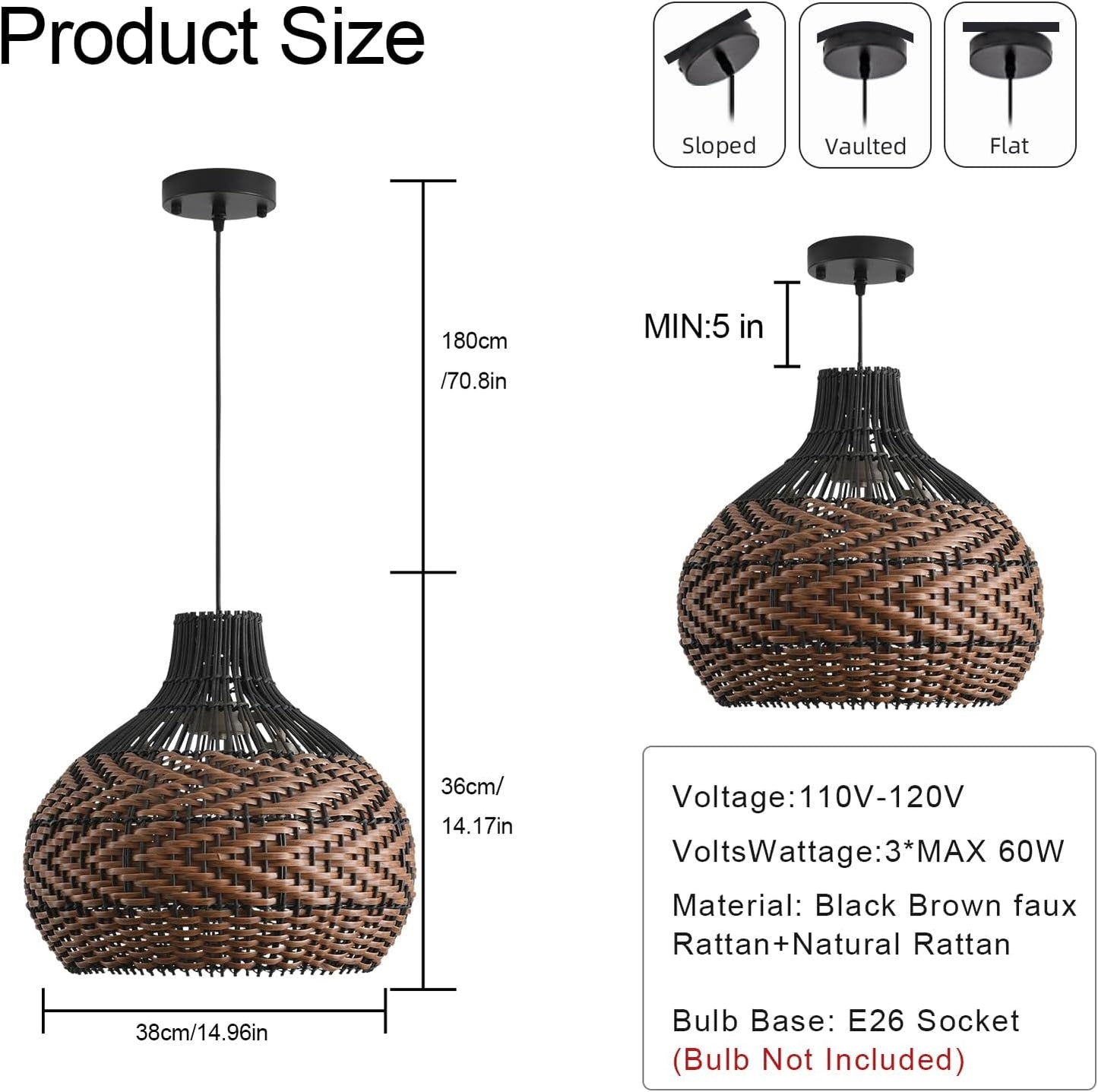 3-Light Rattan Pendant Light,15" Hand-Woven Black Brown Faux Rattan Hanging Light Boho Wicker Basket Chandelier,for Living Room Bedroom Kitchen Dining Farmhouse 1-Pack