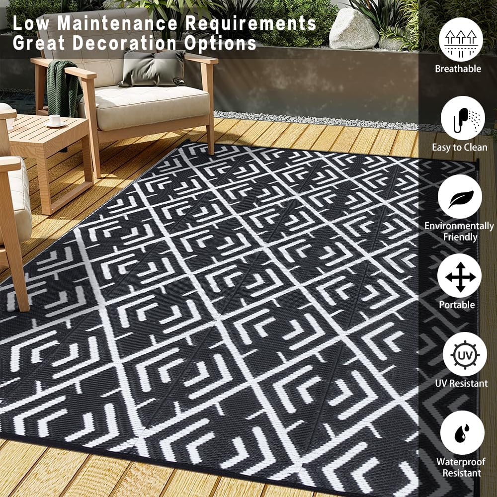 Outdoor Rug Mats, Large Waterproof Outdoor Area Rug, Reversible Portable Outdoor Plastic Straw Carpet for RV Deck Camping Front Door Indoor Outside Porch Picnic (5x8ft Geometric Black&White)