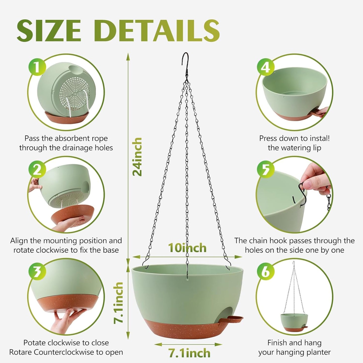 GARDIFE Hanging Planters for Indoor Outdoor Plants, 2 Pack Self Watering Hanging Pot with Drainage Holes & Removable Tray (Green, 10 inch)