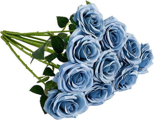 Artificial Rose 10pcs Open Flower Bouquet Faux Rose Stems for Wedding Arrangement, Bridal Bouquet, Centerpiece, Fake Faux Silk Flowers (Dusty Blue)
