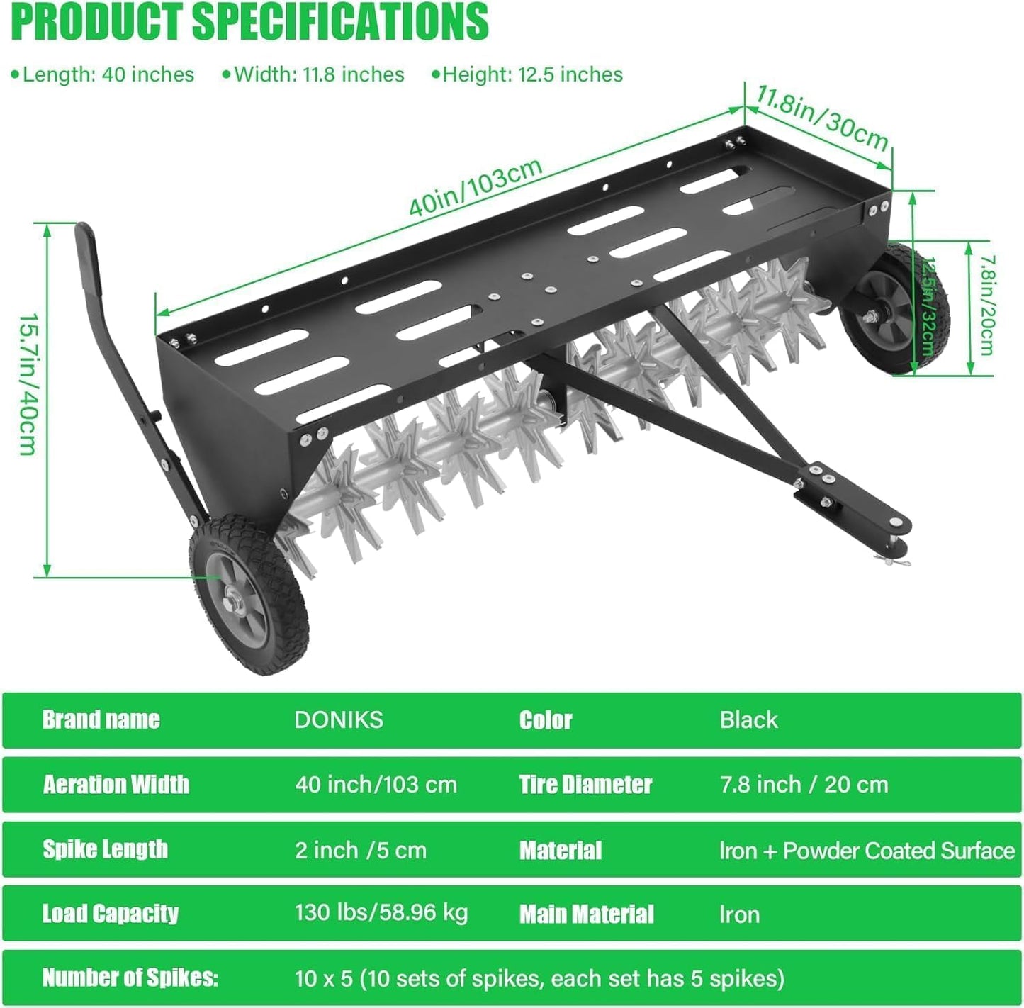 Doniks 40-Inch Tow Behind Plug Aerator with Transport Wheels, Lawn Aerator Tow Behind with Galvanised Steel Tines and Extra-Wide Tow Bar, Pull Behind Aerator for Gardens, Lawns, Farms
